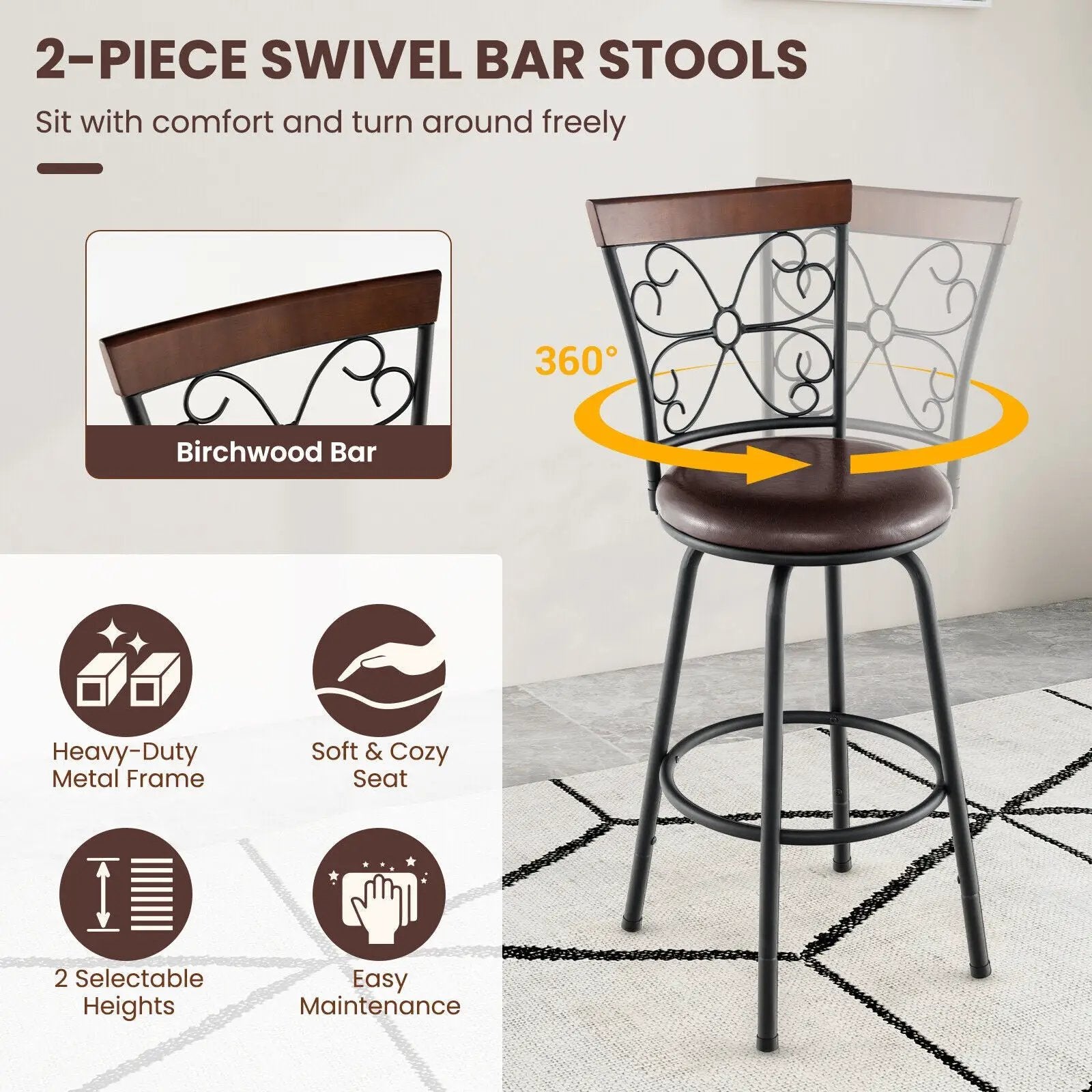 2 Pieces 24-30 Inch Adjustable PU Cushioned Swivel Barstools-Brown by DirectDeals