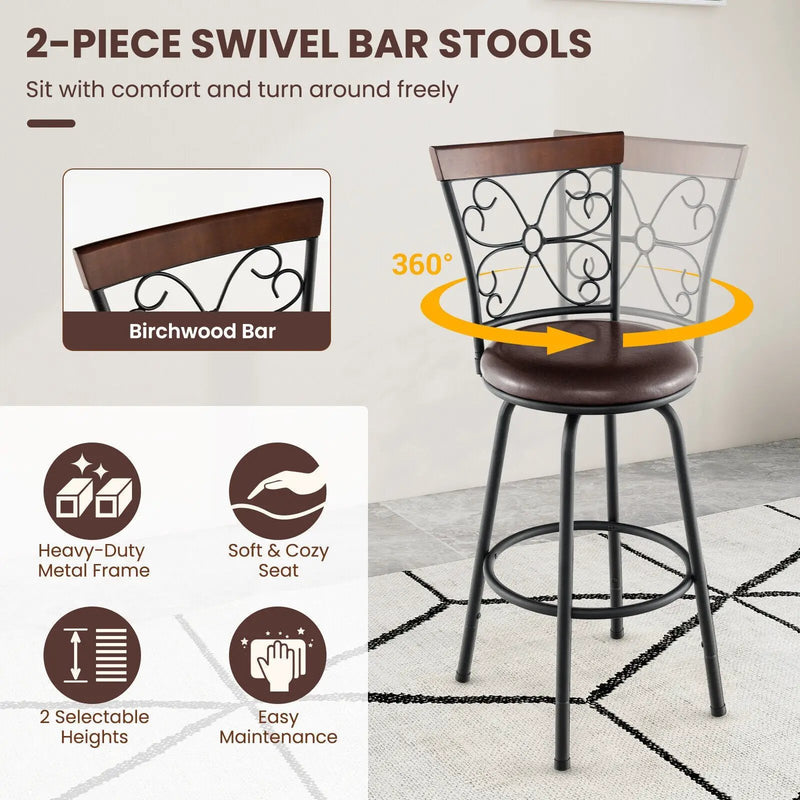 2 Pieces 24-30 Inch Adjustable PU Cushioned Swivel Barstools-Brown by DirectDeals