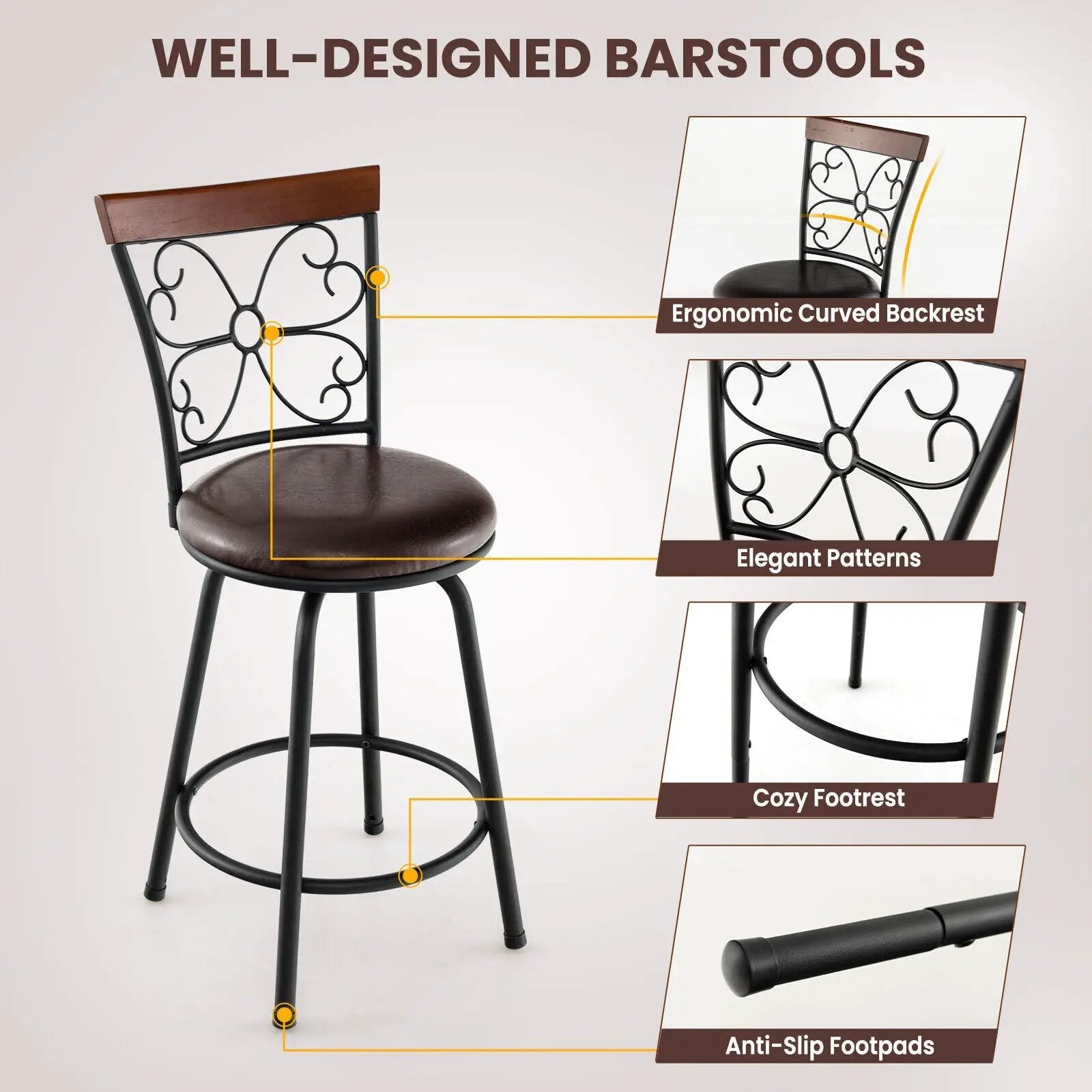 2 Pieces 24-30 Inch Adjustable PU Cushioned Swivel Barstools-Brown by DirectDeals