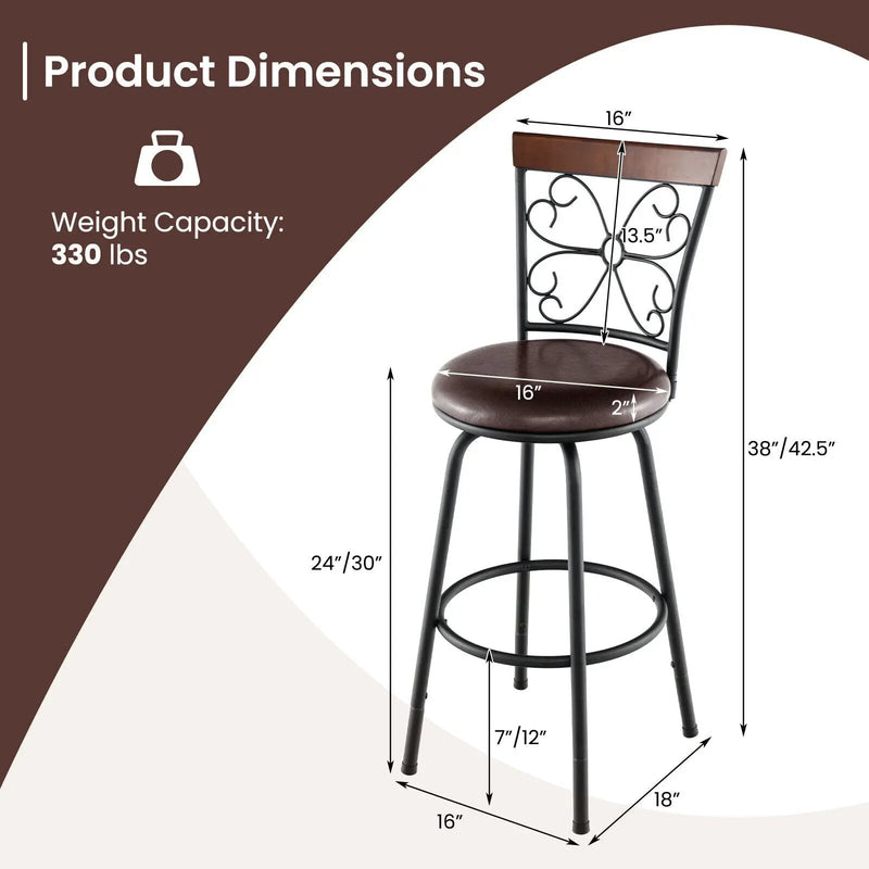 2 Pieces 24-30 Inch Adjustable PU Cushioned Swivel Barstools-Brown by DirectDeals