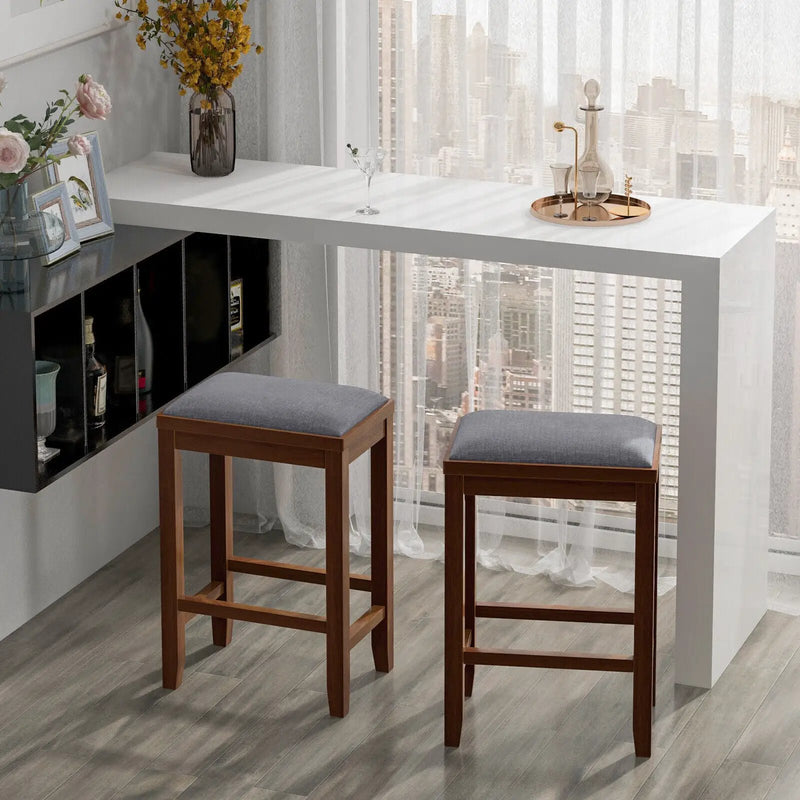 2 Pieces 25 Inch Upholstered Bar Stool Set with Solid Rubber Wood Frame and Footrest by DirectDeals