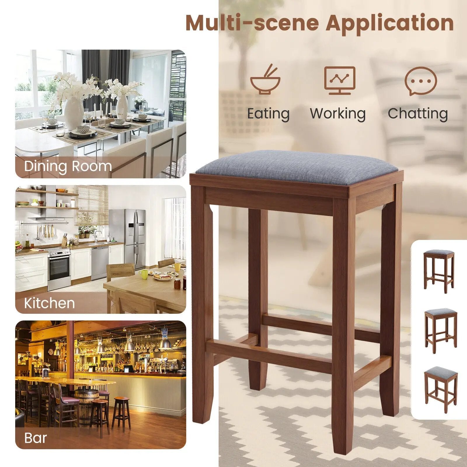 2 Pieces 25 Inch Upholstered Bar Stool Set with Solid Rubber Wood Frame and Footrest by DirectDeals
