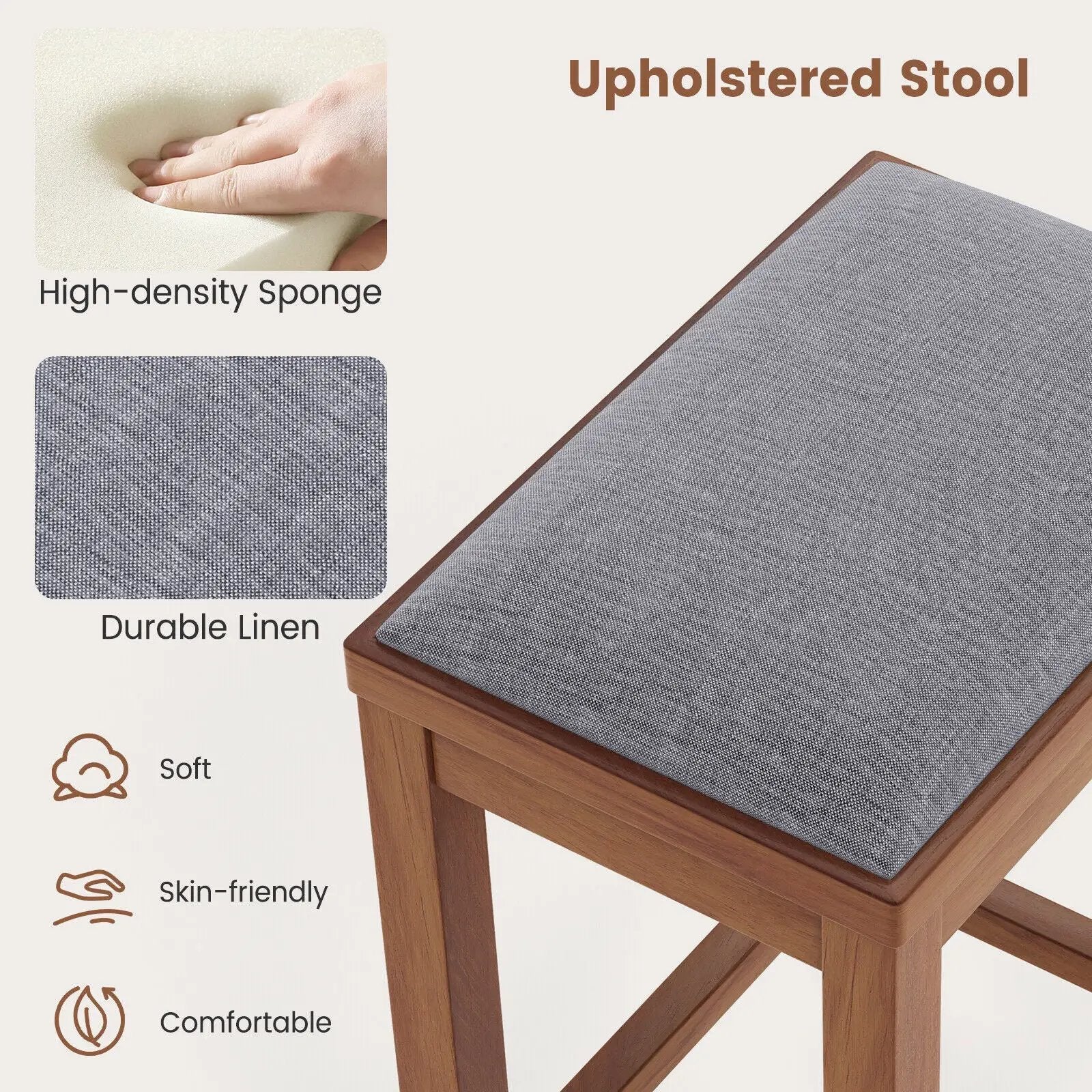 2 Pieces 25 Inch Upholstered Bar Stool Set with Solid Rubber Wood Frame and Footrest by DirectDeals