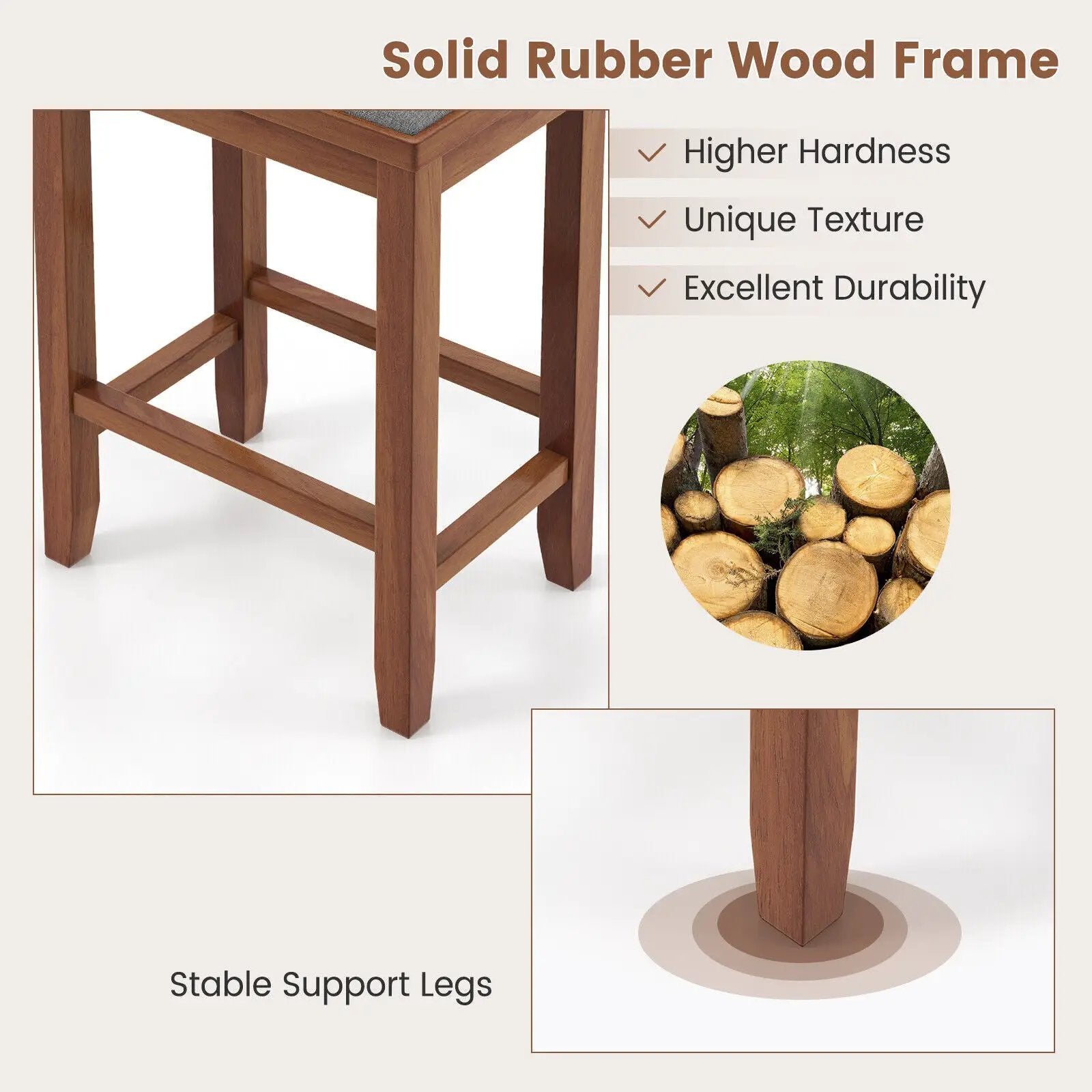 2 Pieces 25 Inch Upholstered Bar Stool Set with Solid Rubber Wood Frame and Footrest by DirectDeals