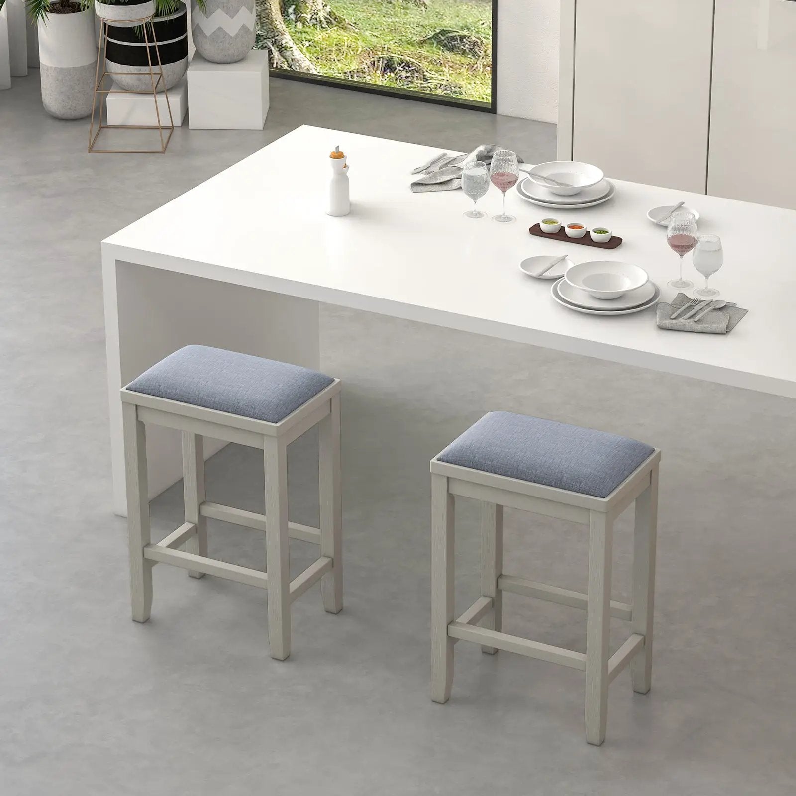 2 Pieces 25 Inch Upholstered Bar Stool Set with Solid Rubber Wood Frame and Footrest by DirectDeals