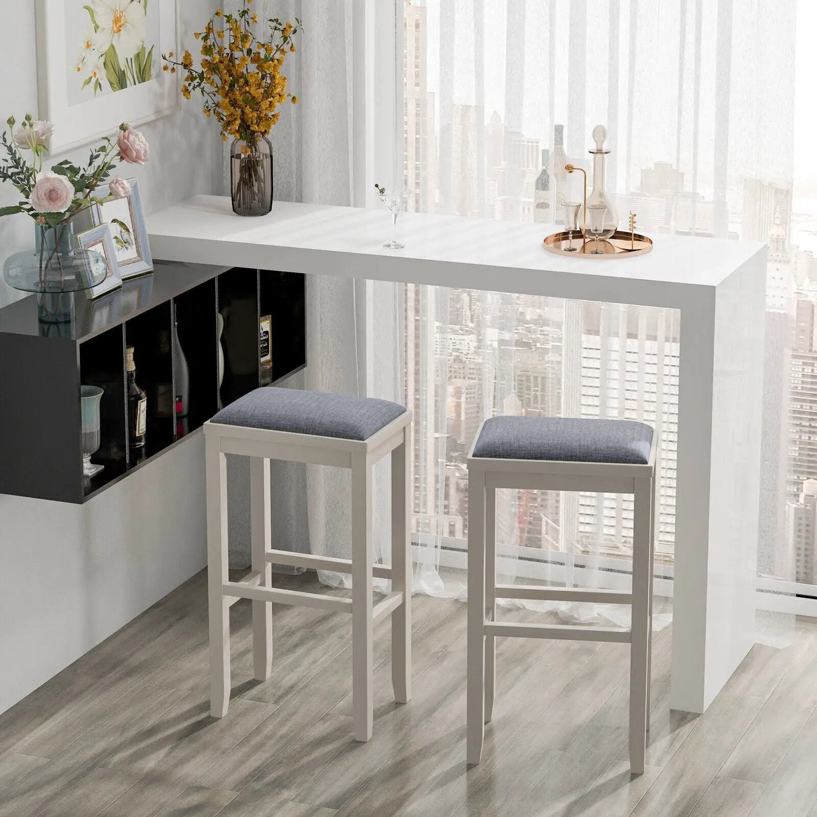 2 Pieces 31 Inch Upholstered Bar Stool Set with Solid Rubber Wood Frame and Footres by DirectDeals