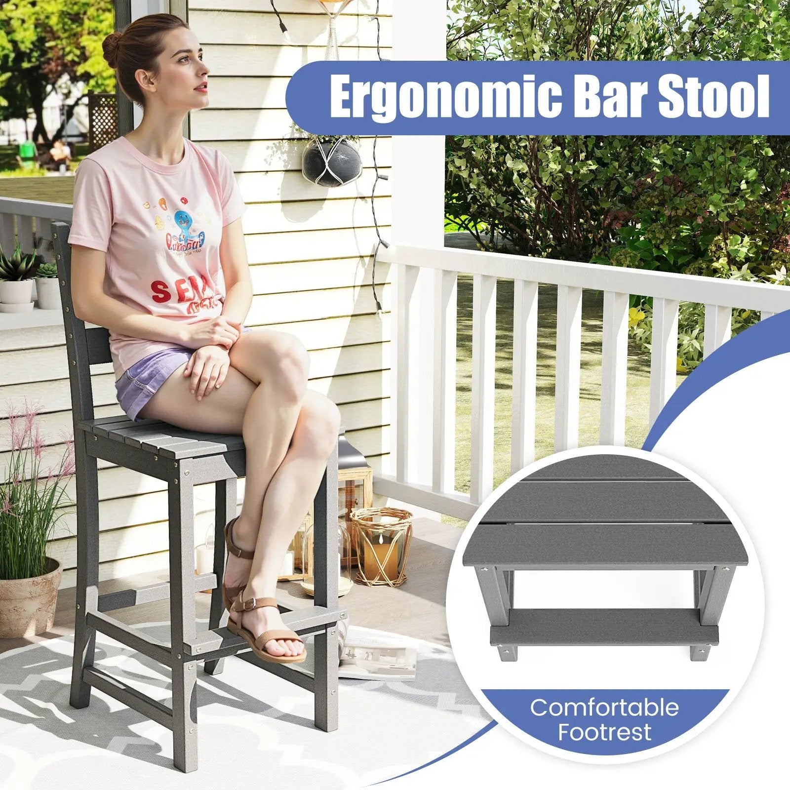 Set of 2 30 Inches HDPE Outdoor Counter Height Bar Stools with Backs-Gray by DirectDeals