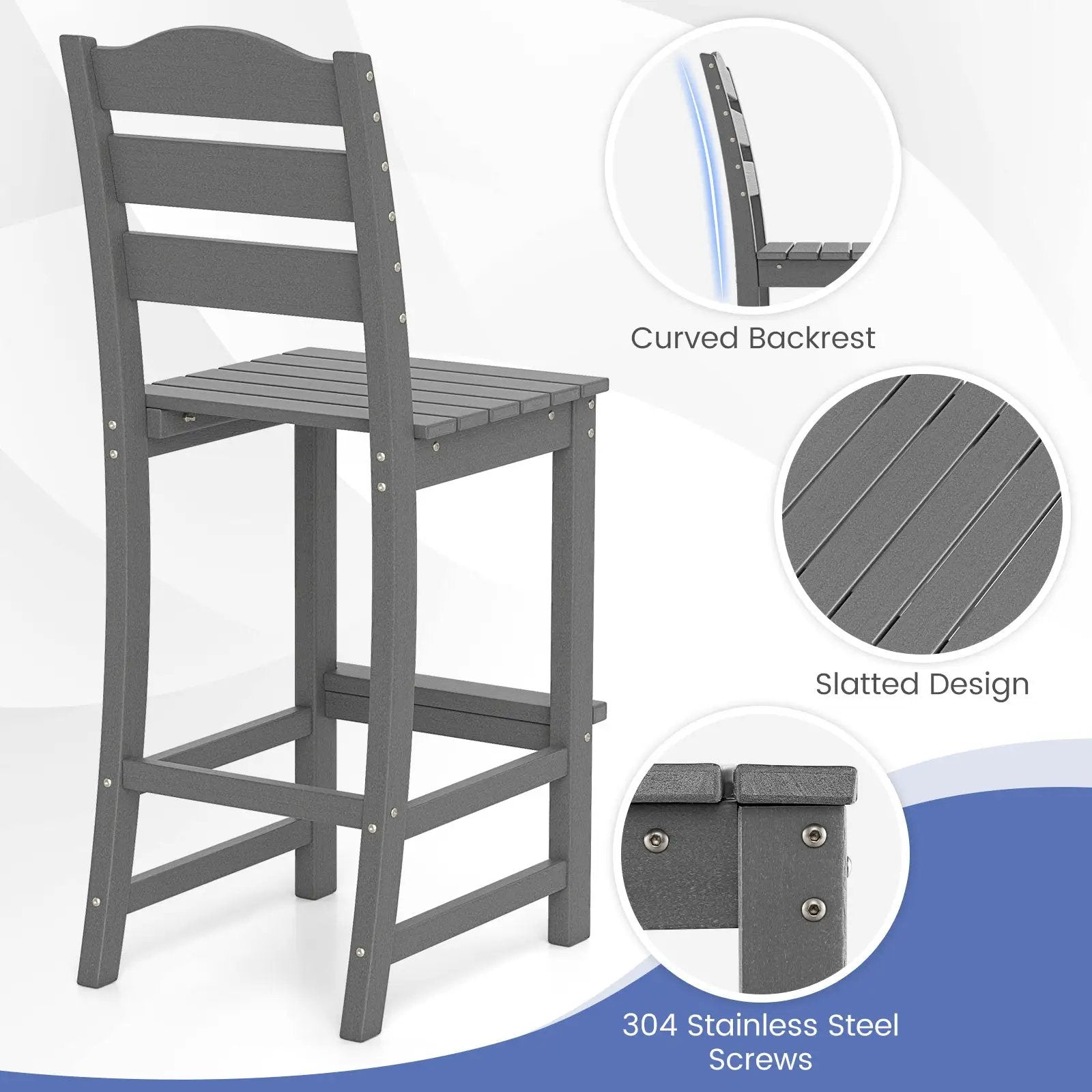 Set of 2 30 Inches HDPE Outdoor Counter Height Bar Stools with Backs-Gray by DirectDeals