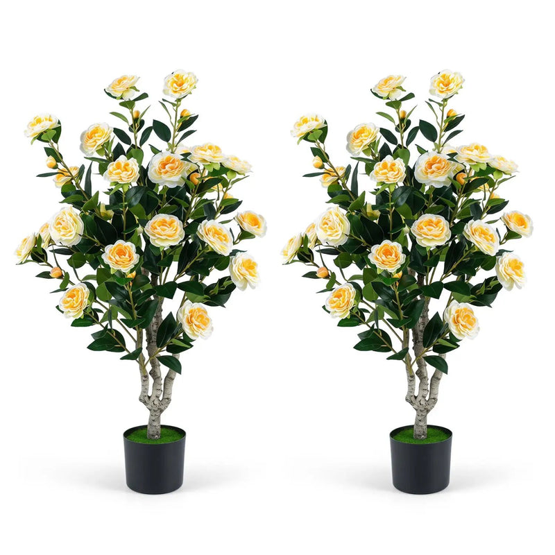 Artificial Camellia Tree 39.5" with Cement Pot - Set of 2 by DirectDeals