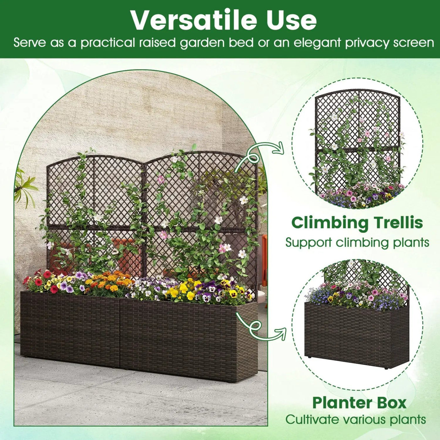 Set of 2 49 Inch Raised Garden Bed with Trellis and Wicker Planter Box by DirectDeals