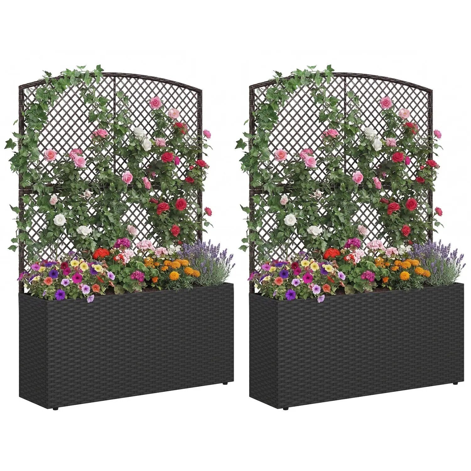 Set of 2 58 Inch Raised Garden Bed with Trellis and Wicker Planter Box by DirectDeals