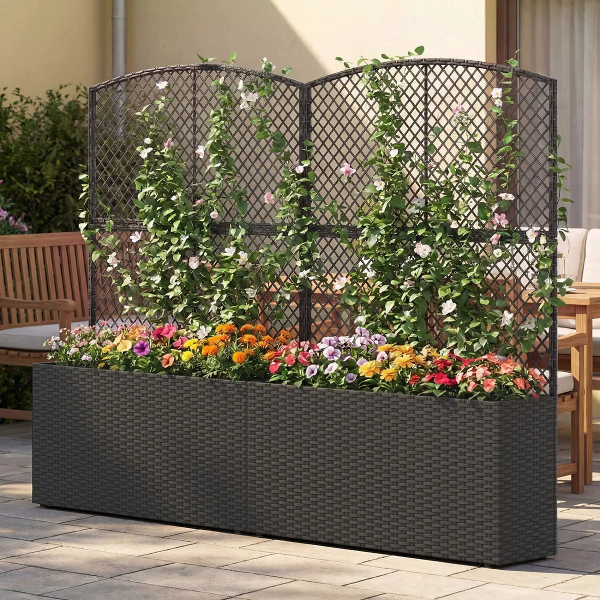 Set of 2 58 Inch Raised Garden Bed with Trellis and Wicker Planter Box by DirectDeals