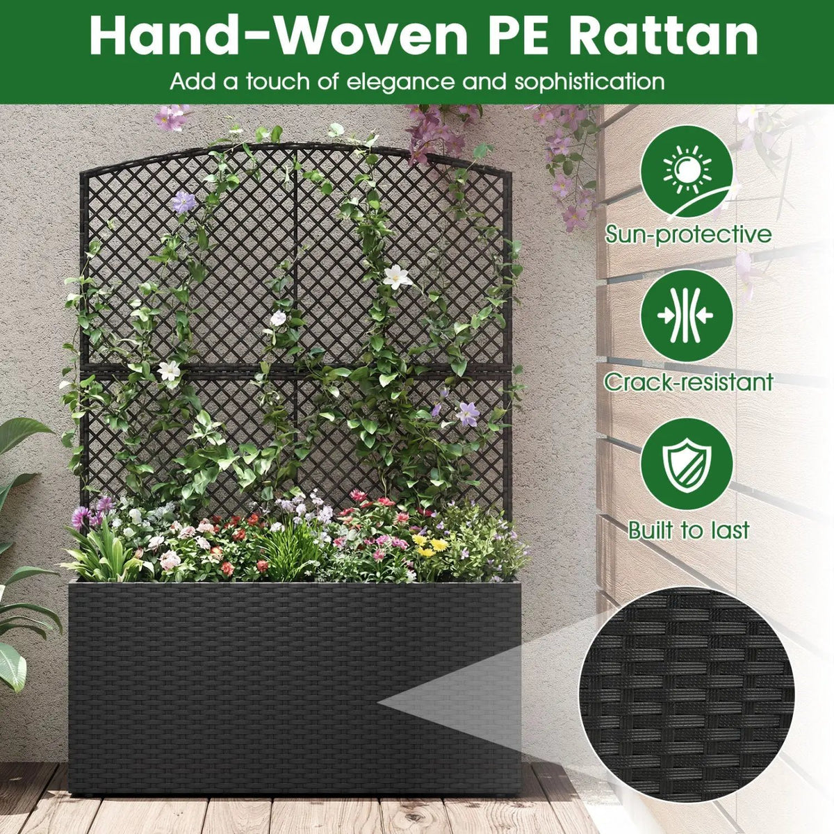 Set of 2 58 Inch Raised Garden Bed with Trellis and Wicker Planter Box by DirectDeals