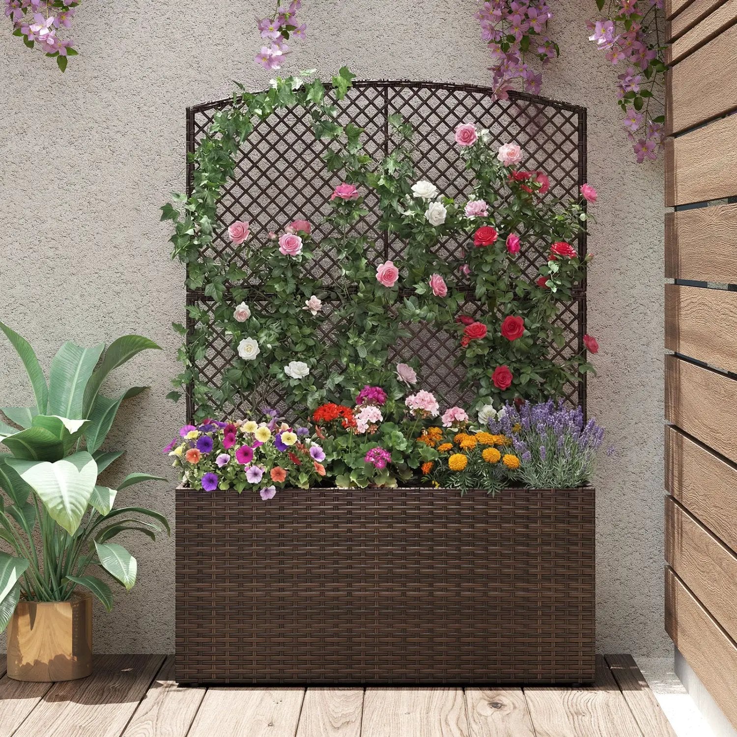 Set of 2 58 Inch Raised Garden Bed with Trellis and Wicker Planter Box by DirectDeals