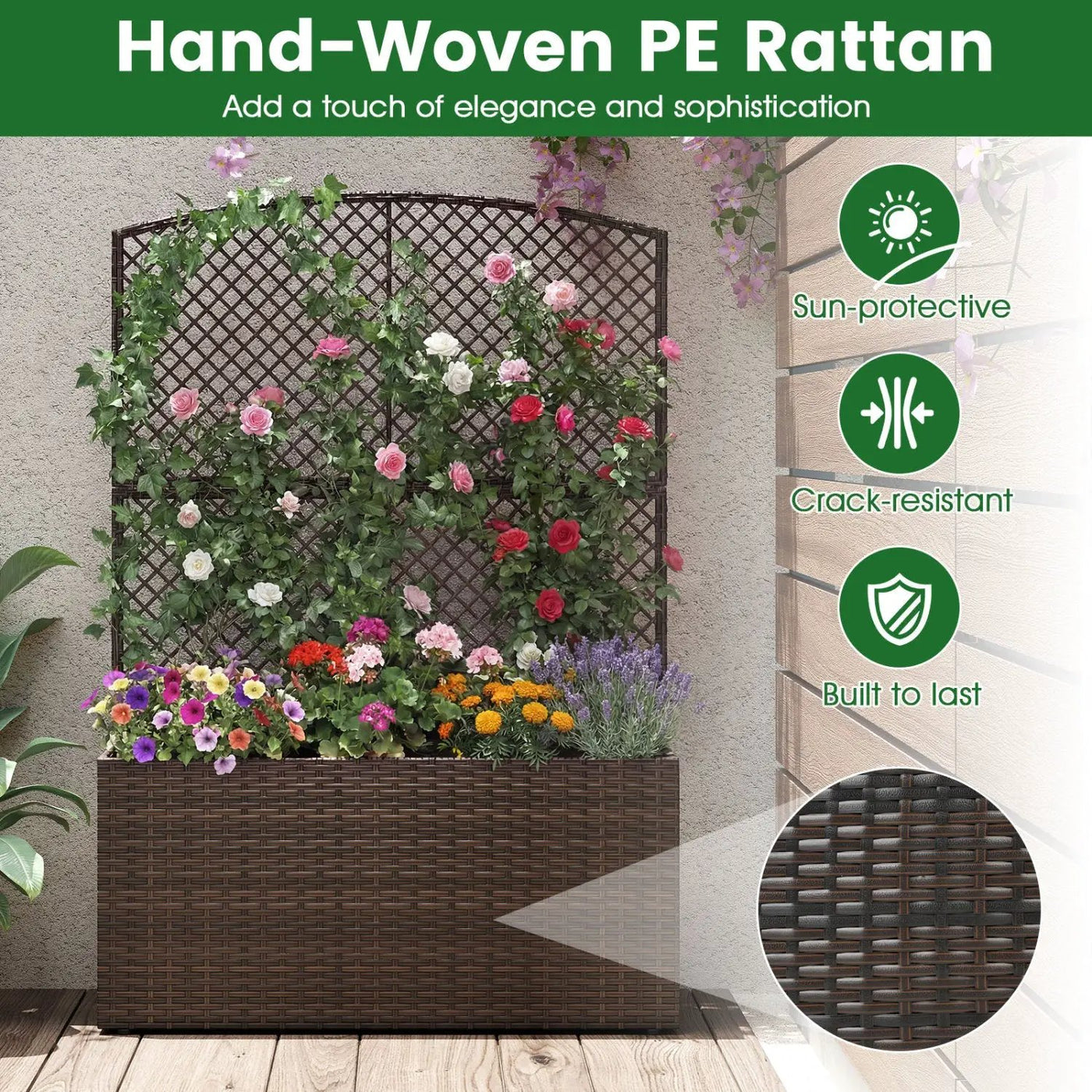 Set of 2 58 Inch Raised Garden Bed with Trellis and Wicker Planter Box by DirectDeals
