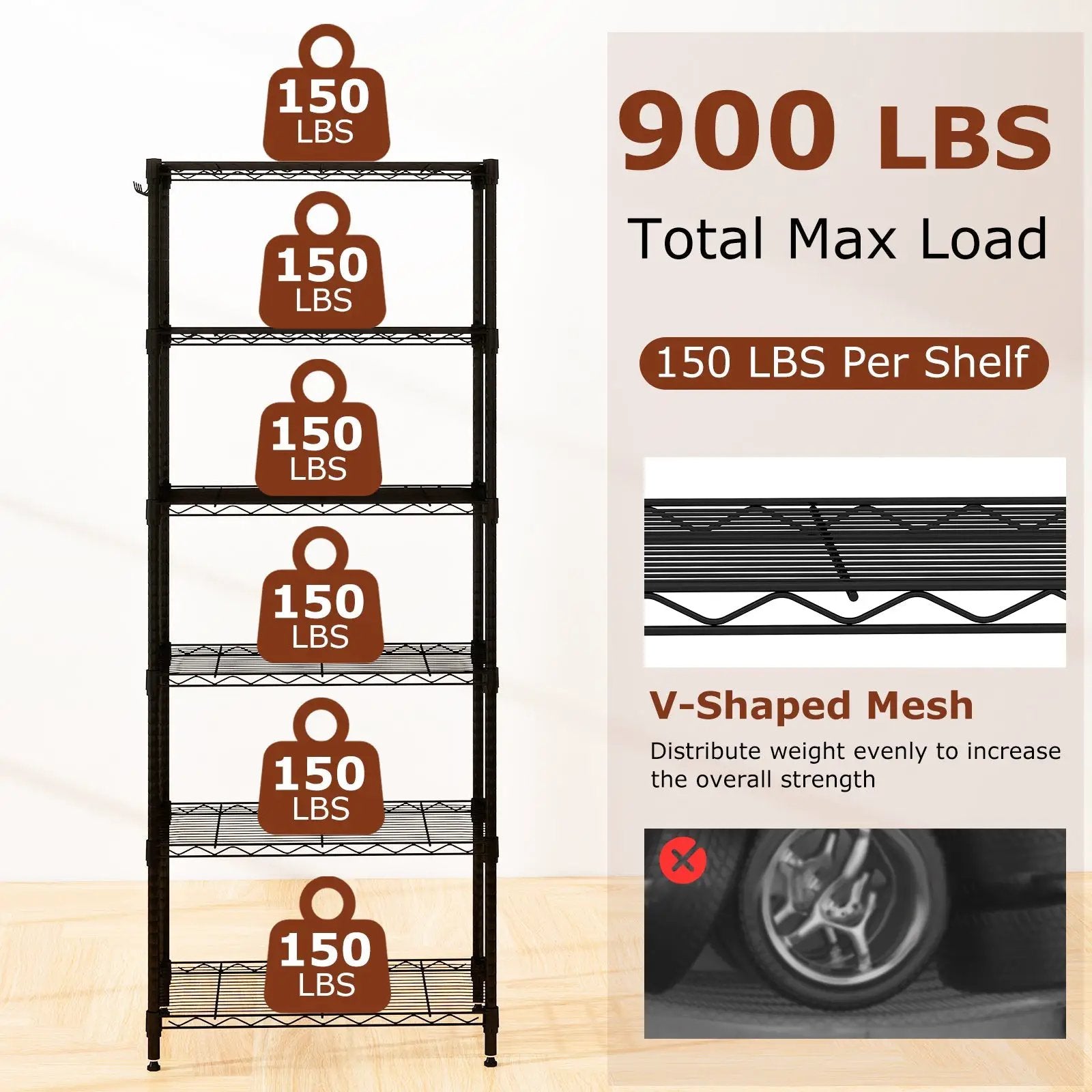Set of 2 6-Tier Metal Storage Shelving Unit with V-Shaped Wire Rack and 900 LBS Capacity-Black by DirectDeals