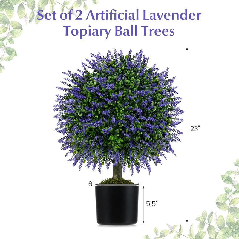 23 Inch Set of 2 Artificial Lavender Topiary Ball Trees with Cement-Filled Pot-Purple by DirectDeals