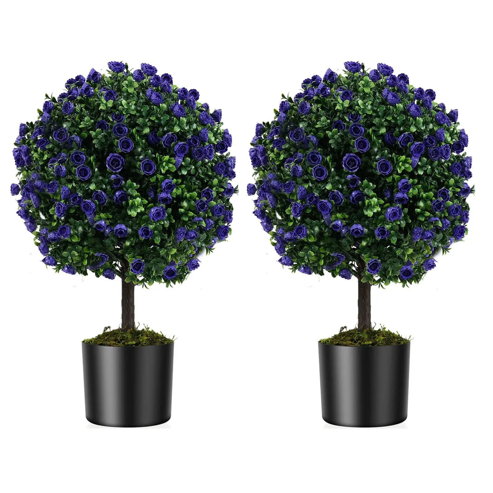 22 Inch Set of 2 Artificial Purple Rose Topiary Ball Trees with Cement-Filled Pot-Purple by DirectDeals