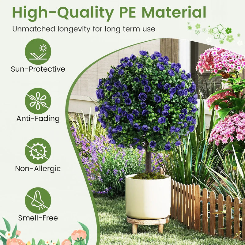 22 Inch Set of 2 Artificial Purple Rose Topiary Ball Trees with Cement-Filled Pot-Purple by DirectDeals