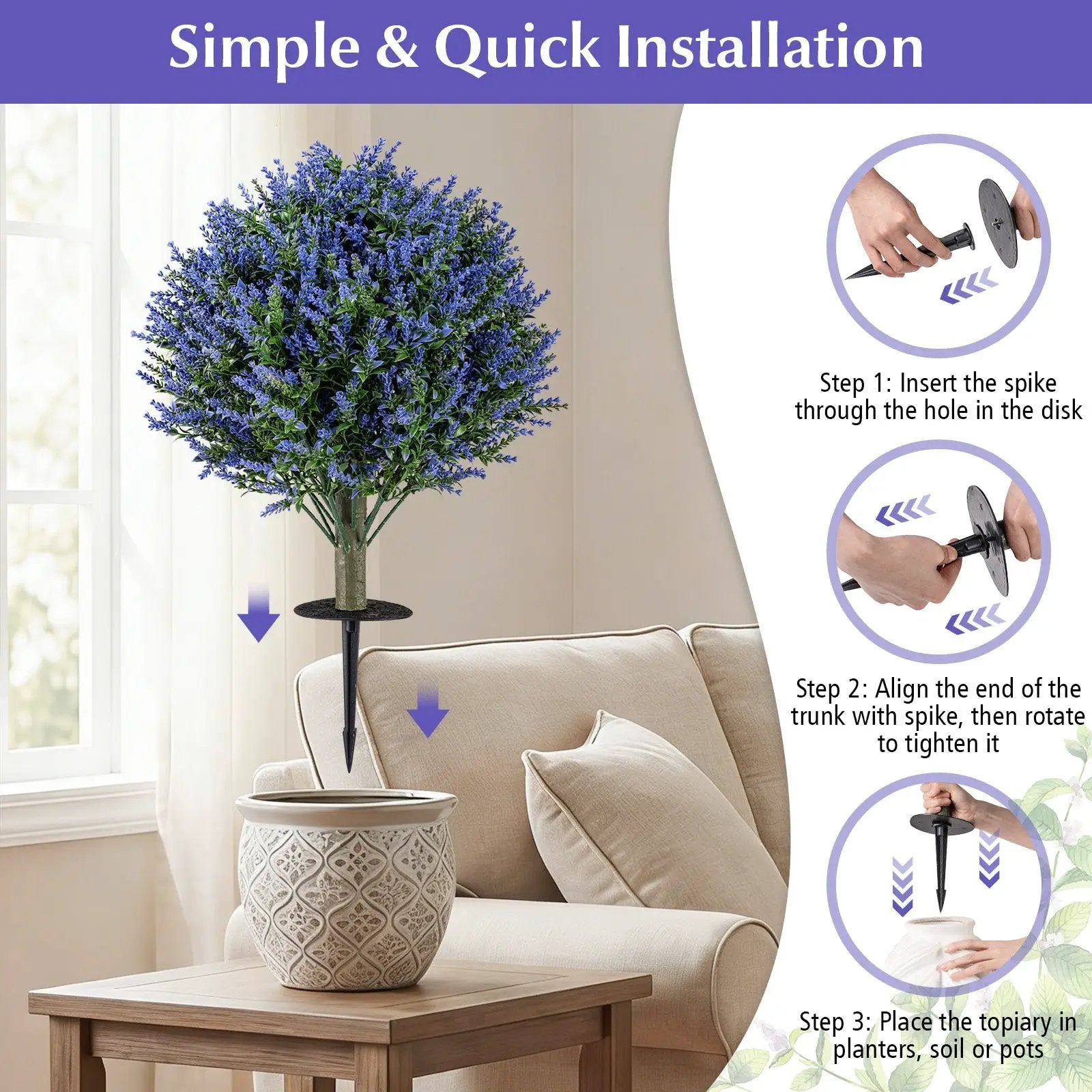 Set of 2 Artificial Lavender Topiary Ball Trees with Ground Spikes by DirectDeals
