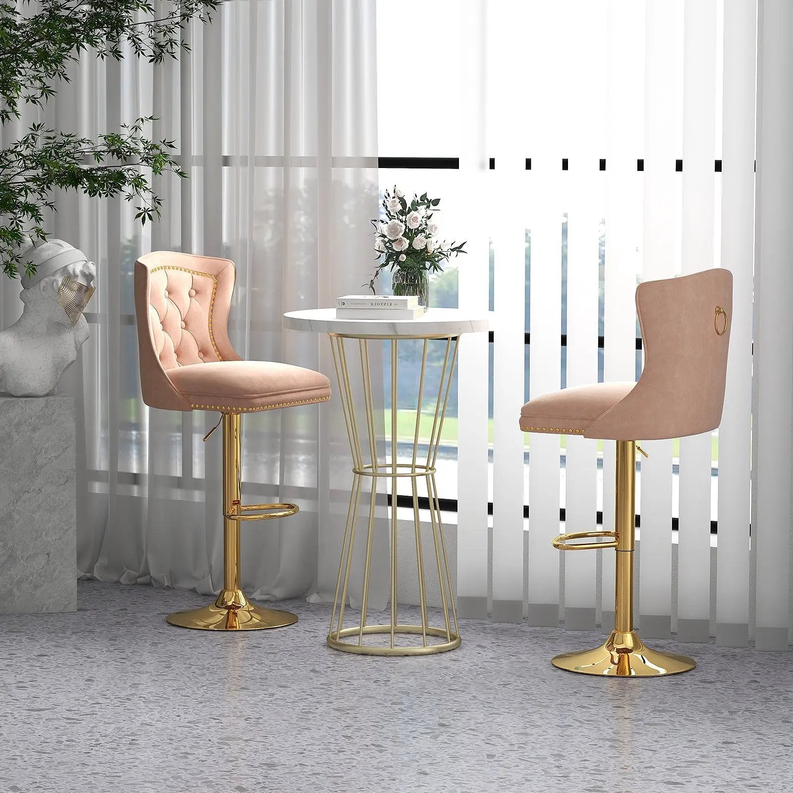 Set of 2 Bar Chairs with Footrest Electroplated Metal Base and Anti-Slip Ring by DirectDeals