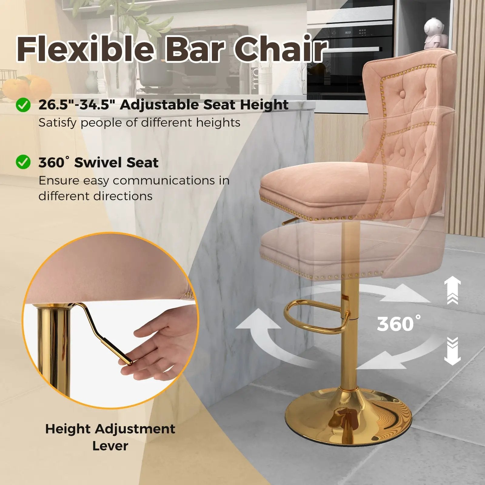 Set of 2 Bar Chairs with Footrest Electroplated Metal Base and Anti-Slip Ring by DirectDeals