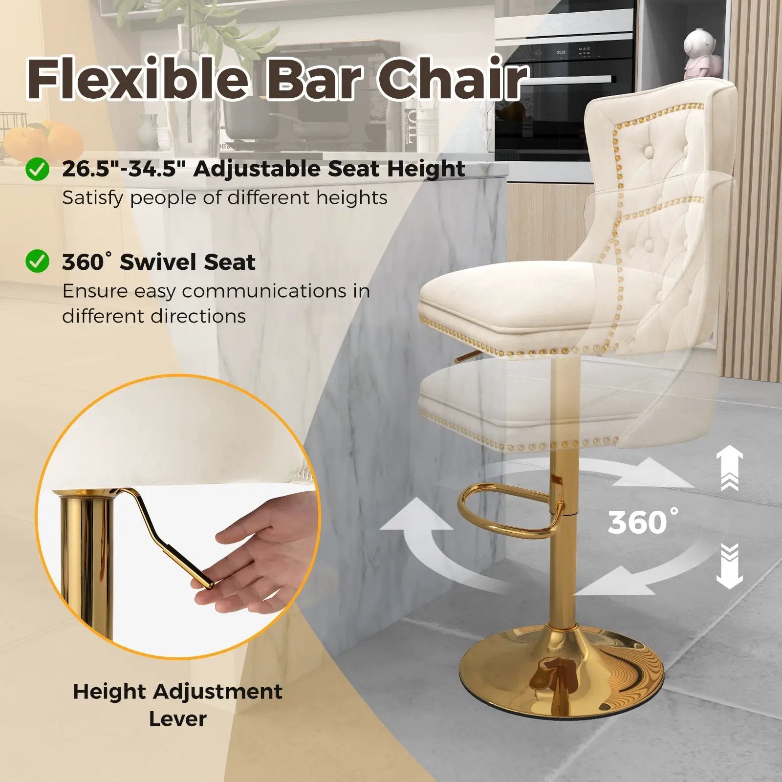 Set of 2 Bar Chairs with Footrest Electroplated Metal Base and Anti-Slip Ring by DirectDeals
