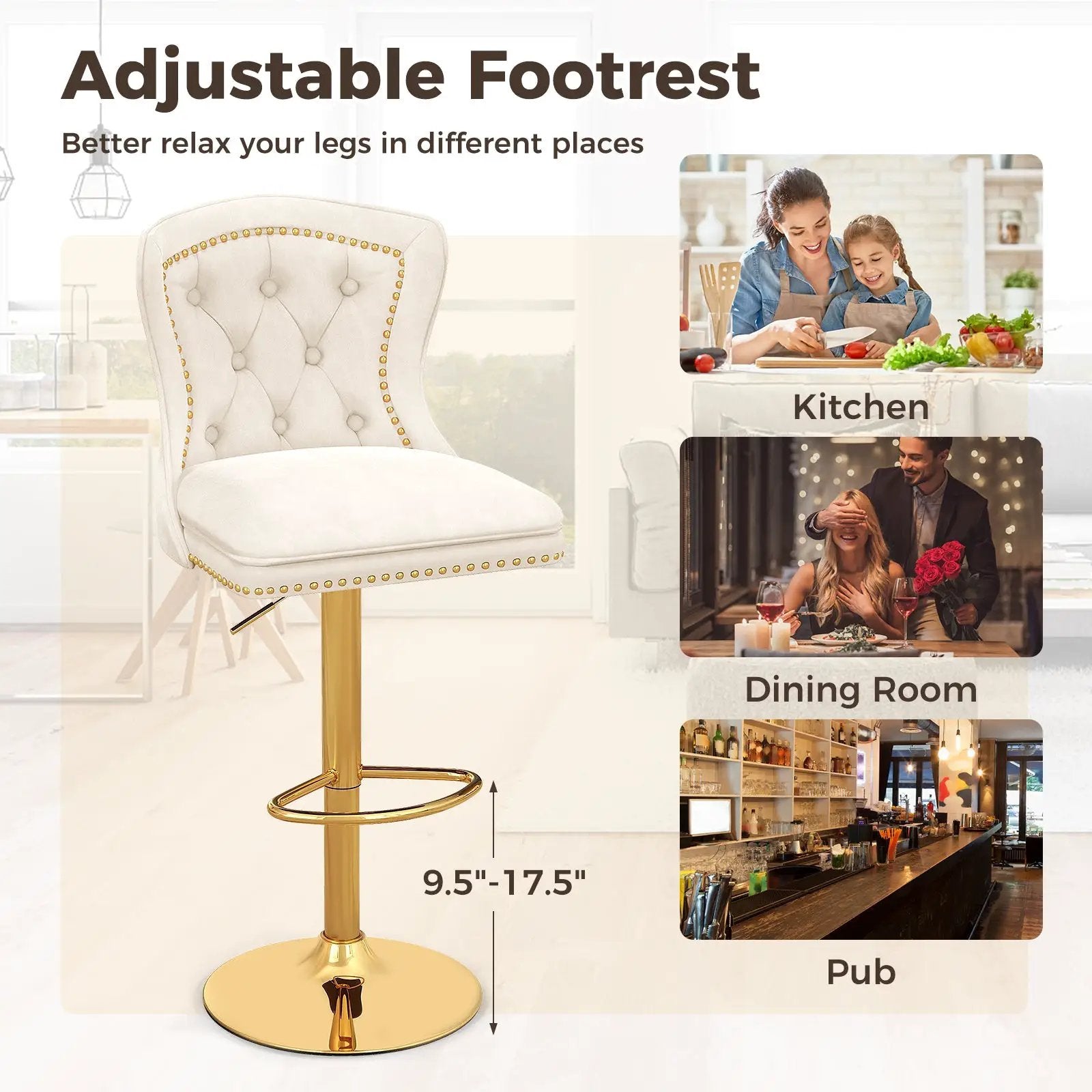 Set of 2 Bar Chairs with Footrest Electroplated Metal Base and Anti-Slip Ring by DirectDeals