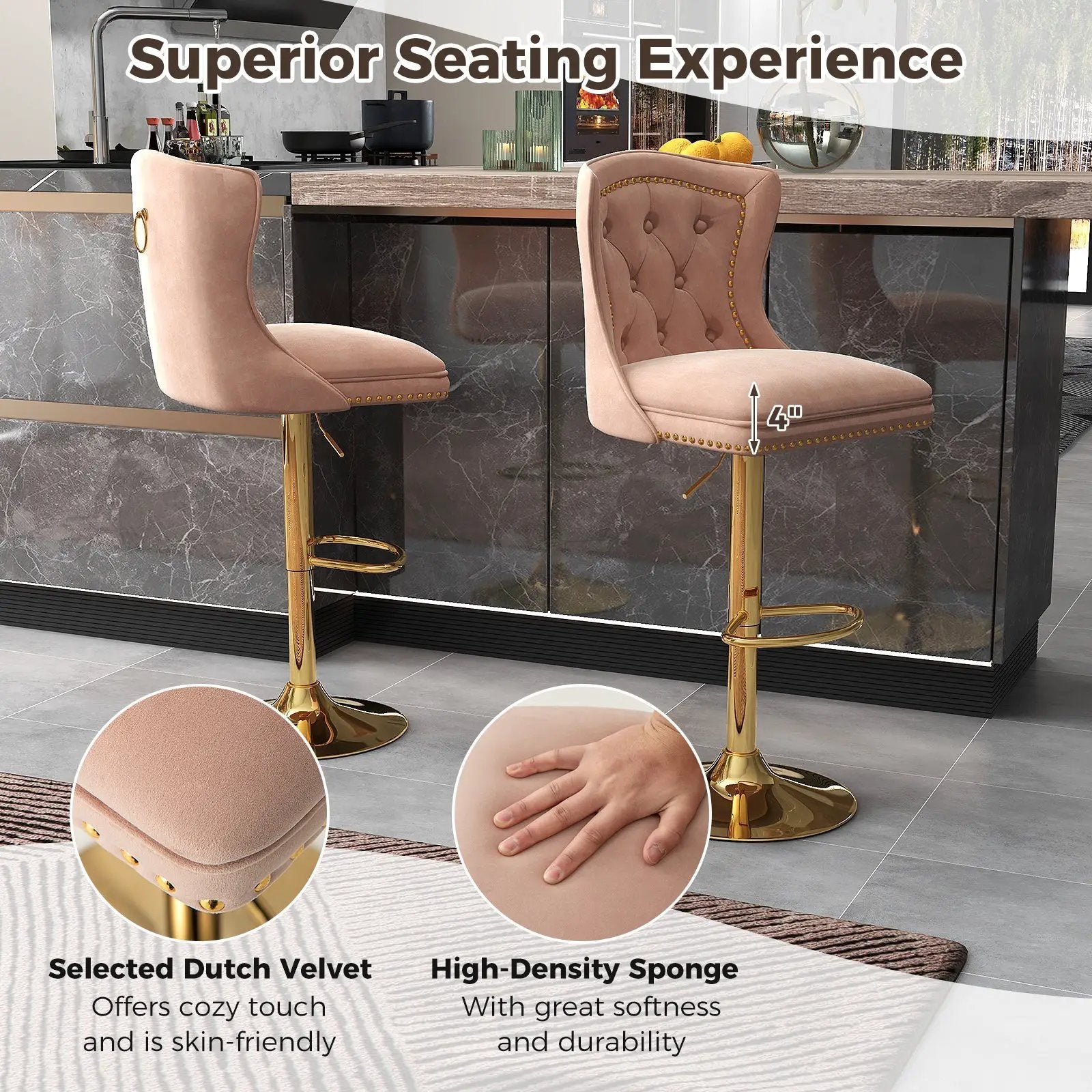 Set of 2 Bar Chairs with Footrest Electroplated Metal Base and Anti-Slip Ring by DirectDeals