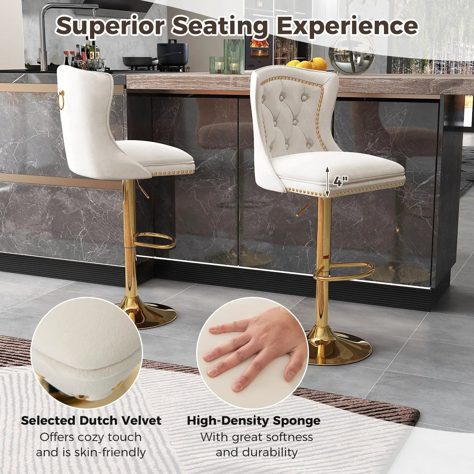 Set of 2 Bar Chairs with Footrest Electroplated Metal Base and Anti-Slip Ring by DirectDeals