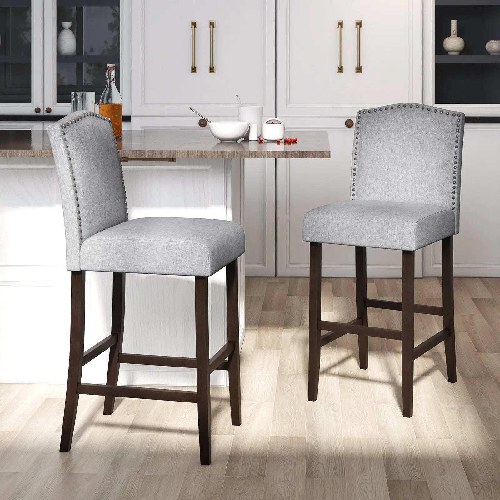 Set of 2 Bar Height Dining Side Barstools with Thick Cushion-Gray by DirectDeals