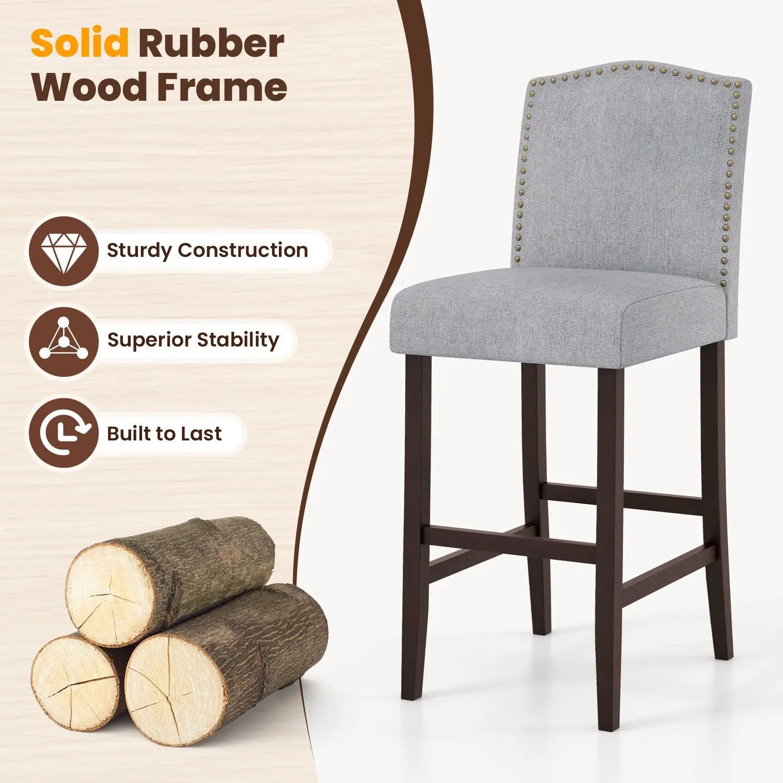 Set of 2 Bar Height Dining Side Barstools with Thick Cushion-Gray by DirectDeals