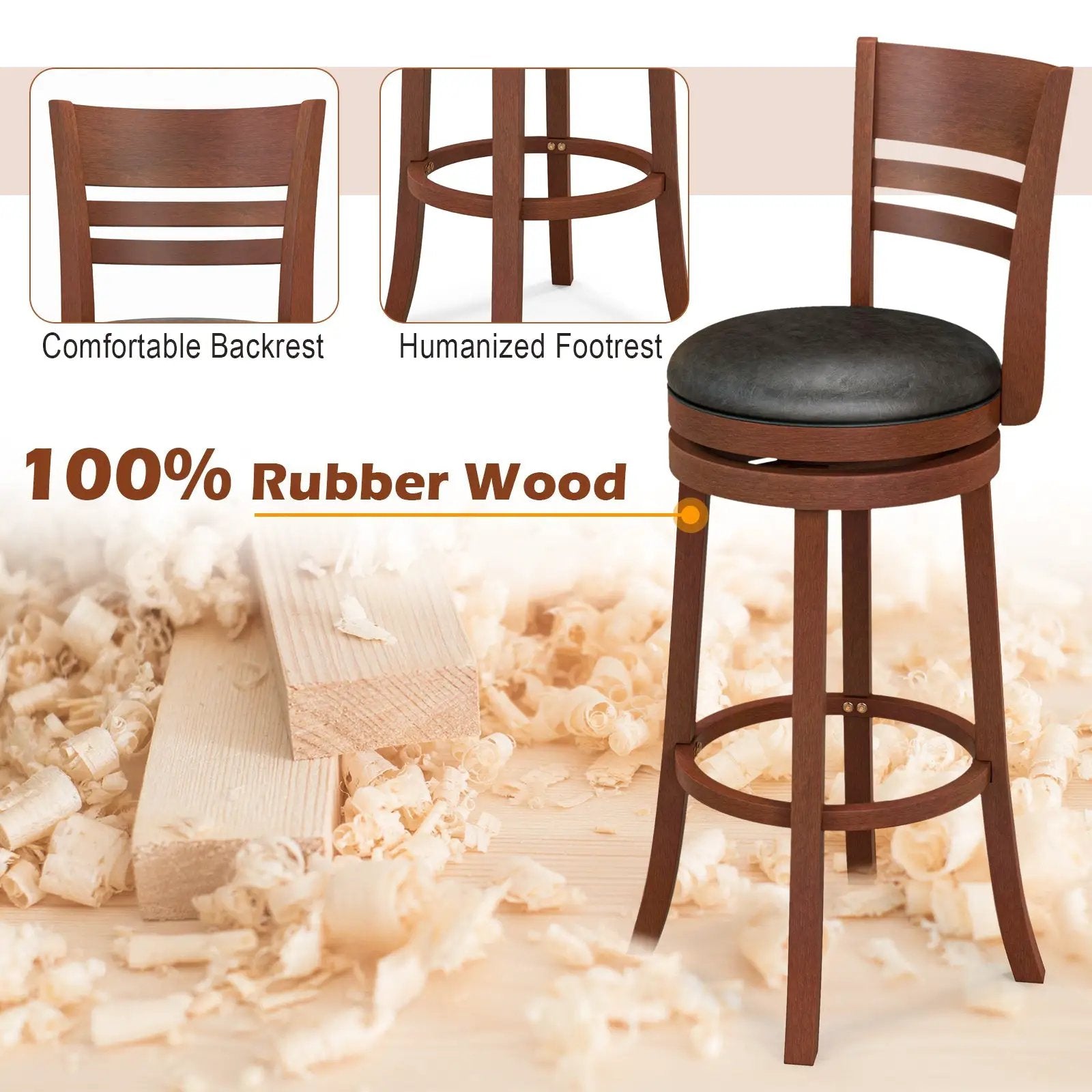 Set of 2 360° Bar Stools with PU Upholstered Seats-Brown by DirectDeals