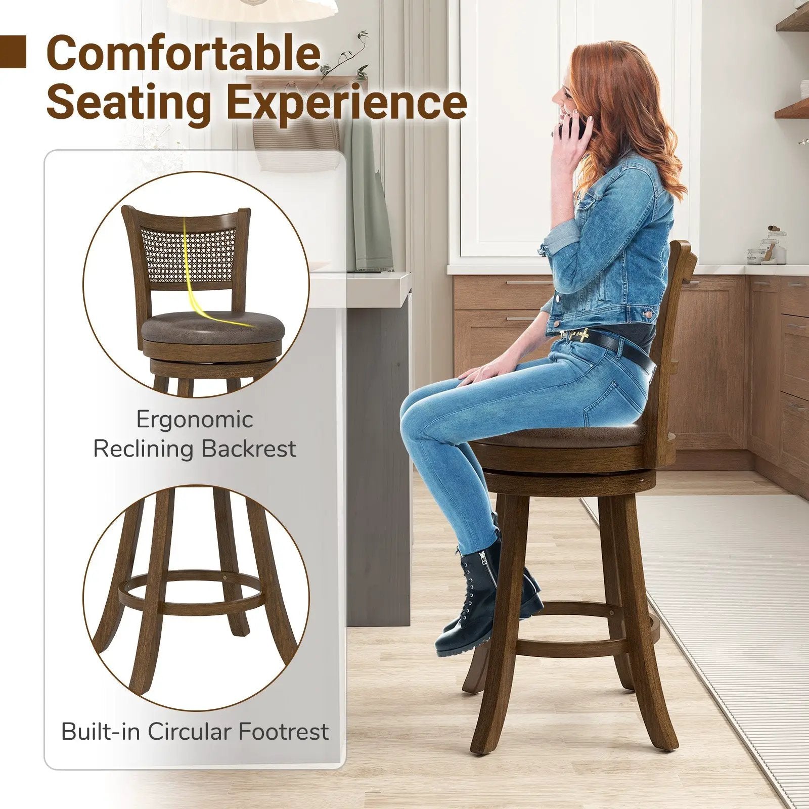 Set of 2 Bar Stools 25" Swivel Bar Chairs Leathaire Counter Height Stools-Brown by DirectDeals