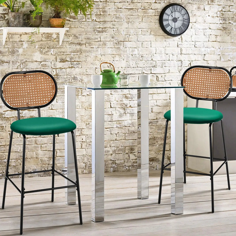 29.5 Inch Modern Faux Leather Bar Stools with Imitation Rattan Woven Backrest by DirectDeals