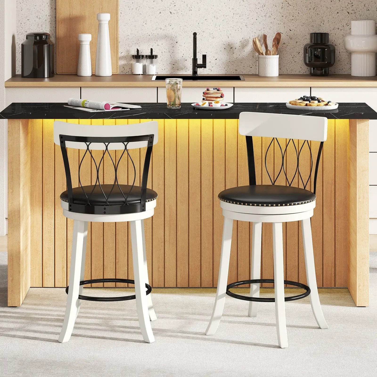 Set of 2 Bar Stools Swivel Bar Chairs with Footrest Rubber Wood Frame and Tufted Rivets by DirectDeals