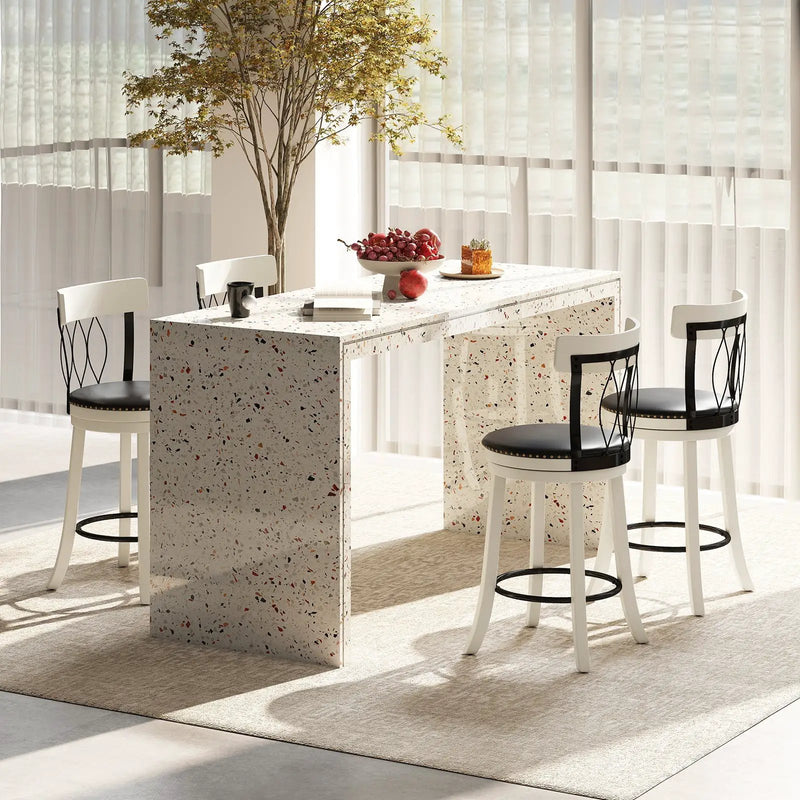Set of 2 Bar Stools Swivel Bar Chairs with Footrest Rubber Wood Frame and Tufted Rivets by DirectDeals