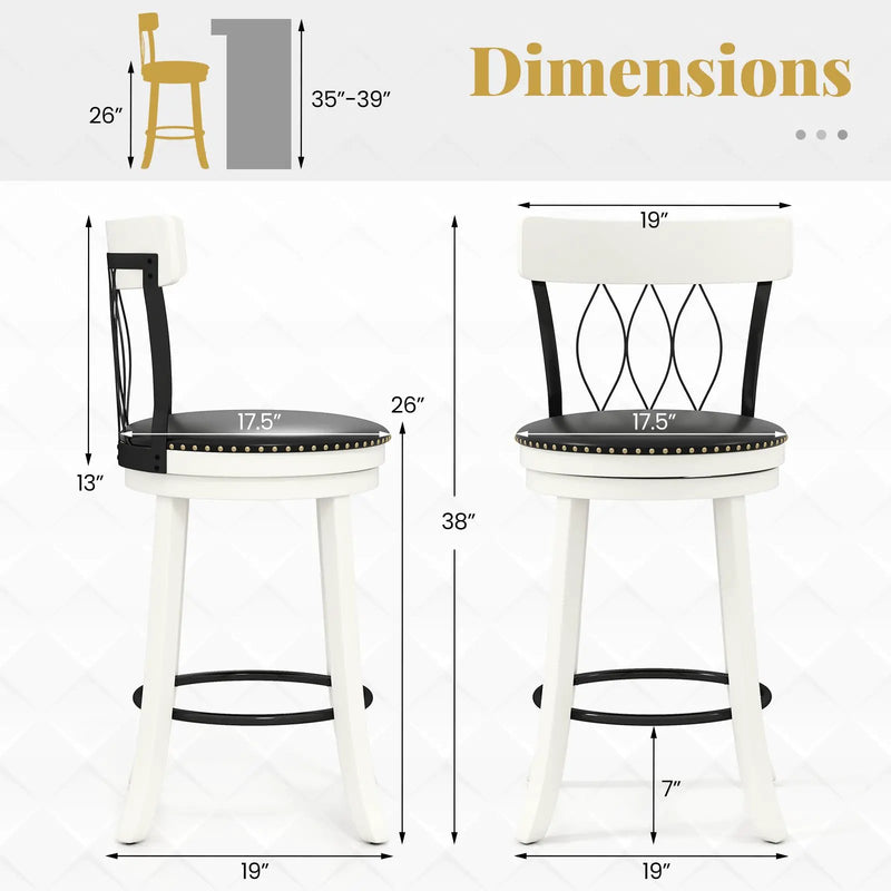 Set of 2 Bar Stools Swivel Bar Chairs with Footrest Rubber Wood Frame and Tufted Rivets by DirectDeals