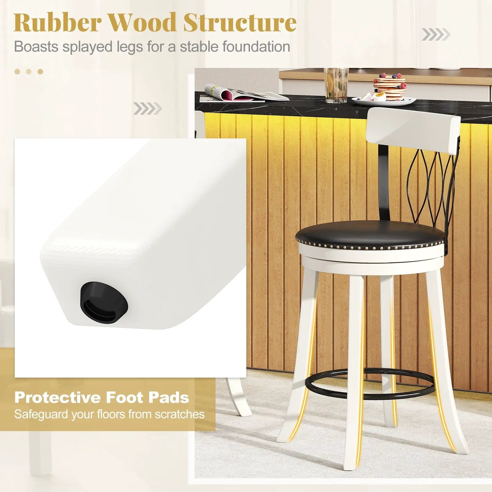 Set of 2 Bar Stools Swivel Bar Chairs with Footrest Rubber Wood Frame and Tufted Rivets by DirectDeals