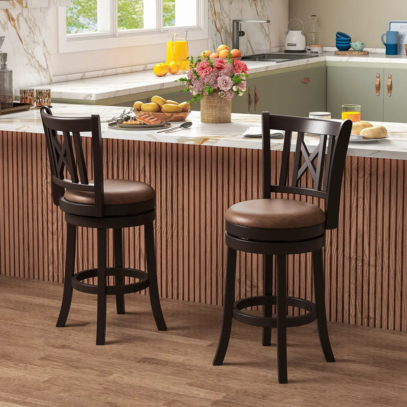 Set of 2 Bar Stools Swivel Bar Chairs with Footrest and Hollowed Backrest by DirectDeals