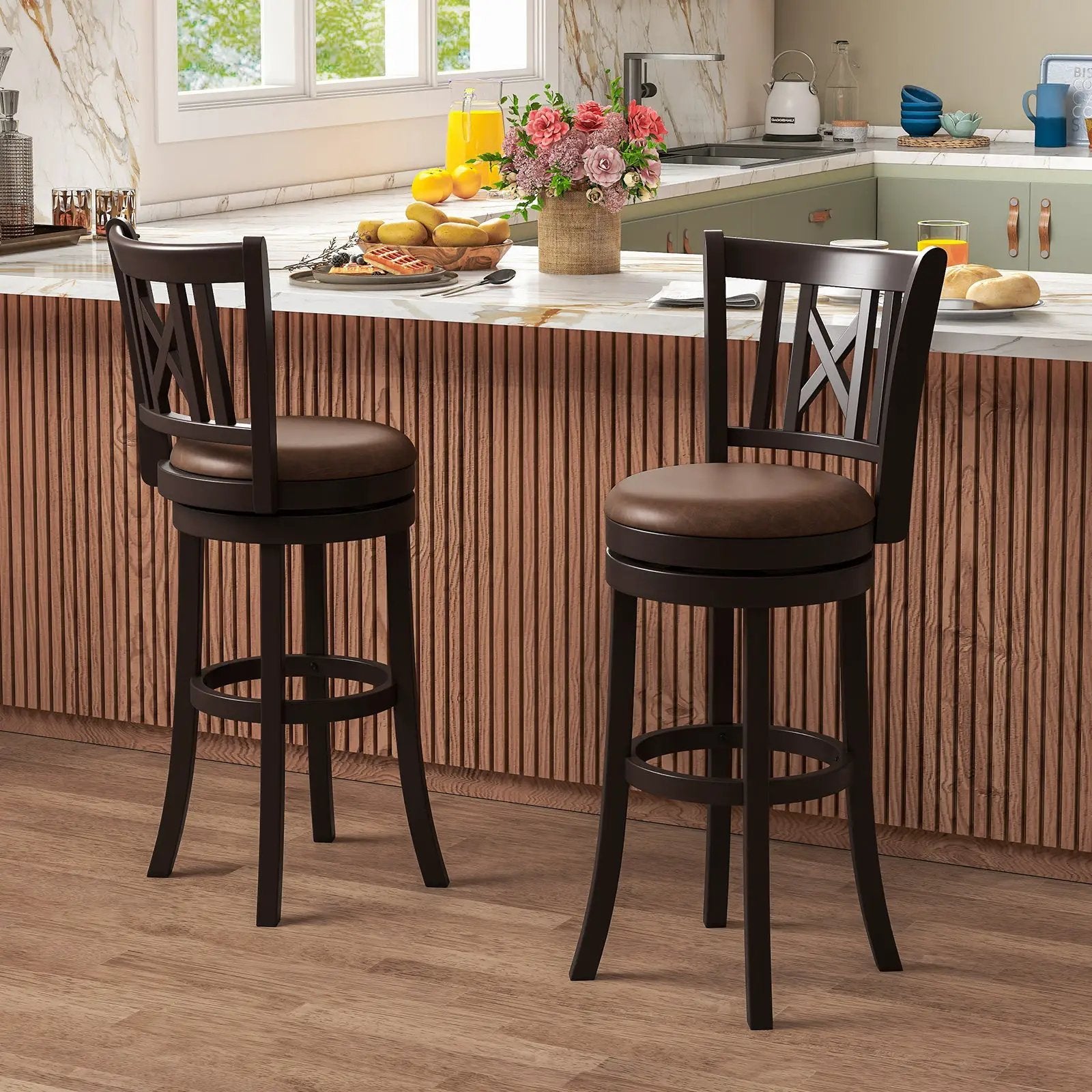 Set of 2 Bar Stools Swivel Bar Chairs with Footrest and Hollowed Backrest by DirectDeals