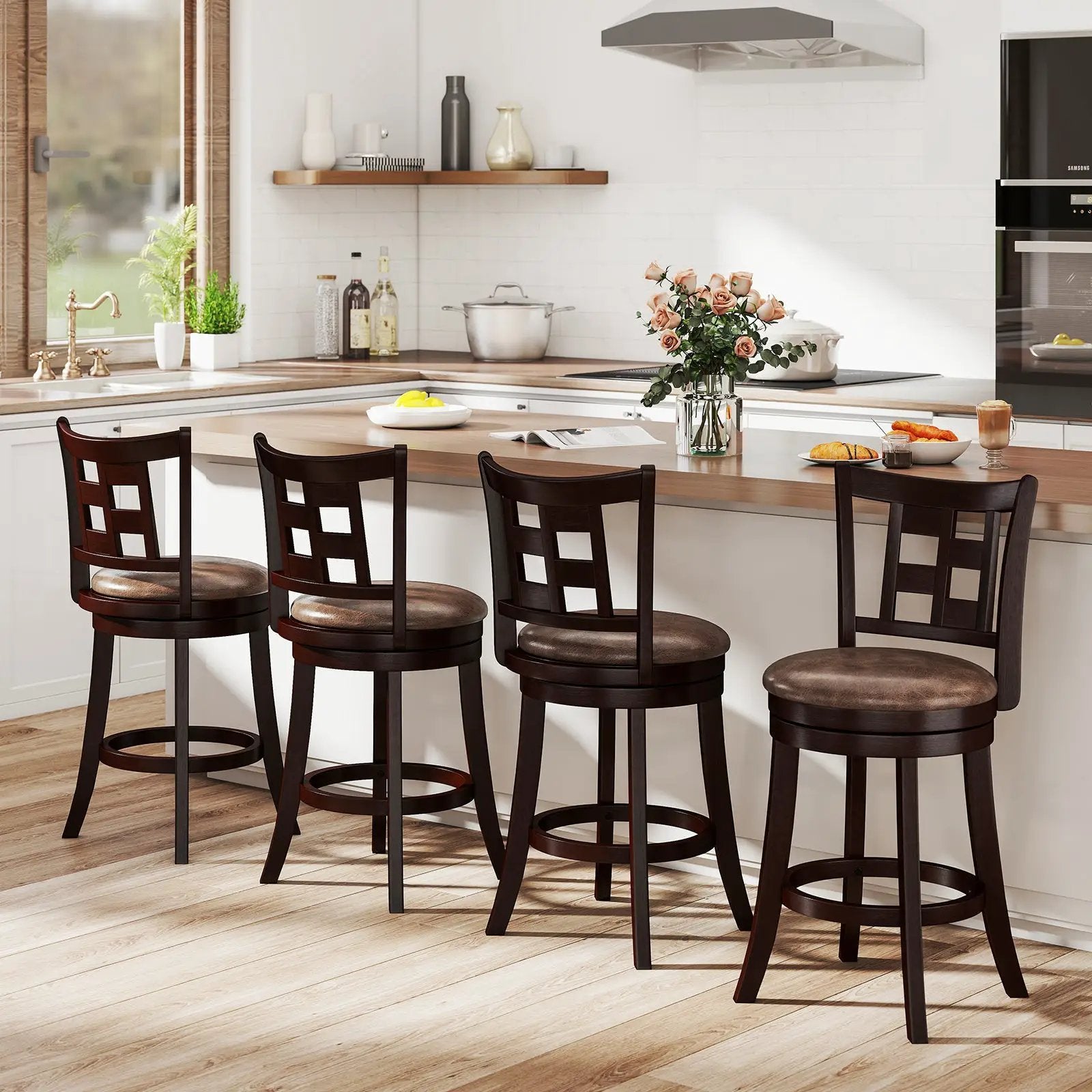 Set of 2 Bar Stools Swivel Bar Chairs with Footrest and Lattice Backrest by DirectDeals