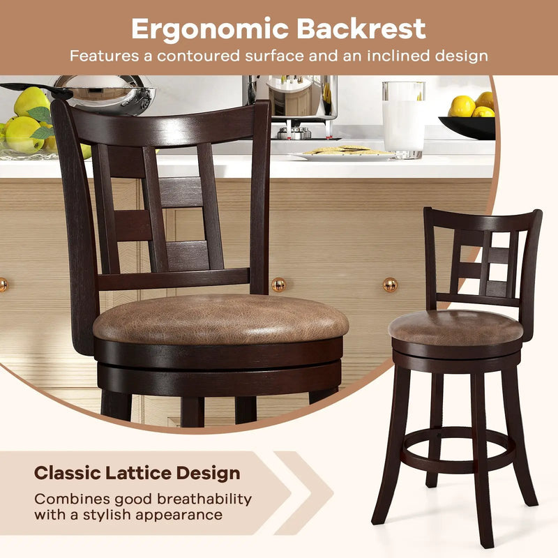 Set of 2 Bar Stools Swivel Bar Chairs with Footrest and Lattice Backrest by DirectDeals
