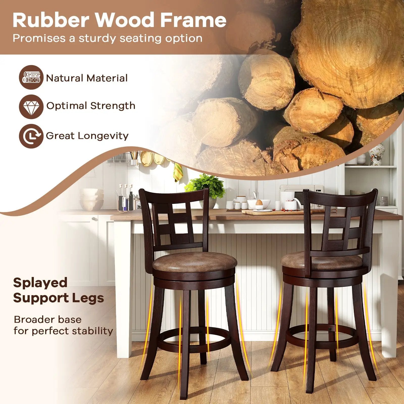 Set of 2 Bar Stools Swivel Bar Chairs with Footrest and Lattice Backrest by DirectDeals