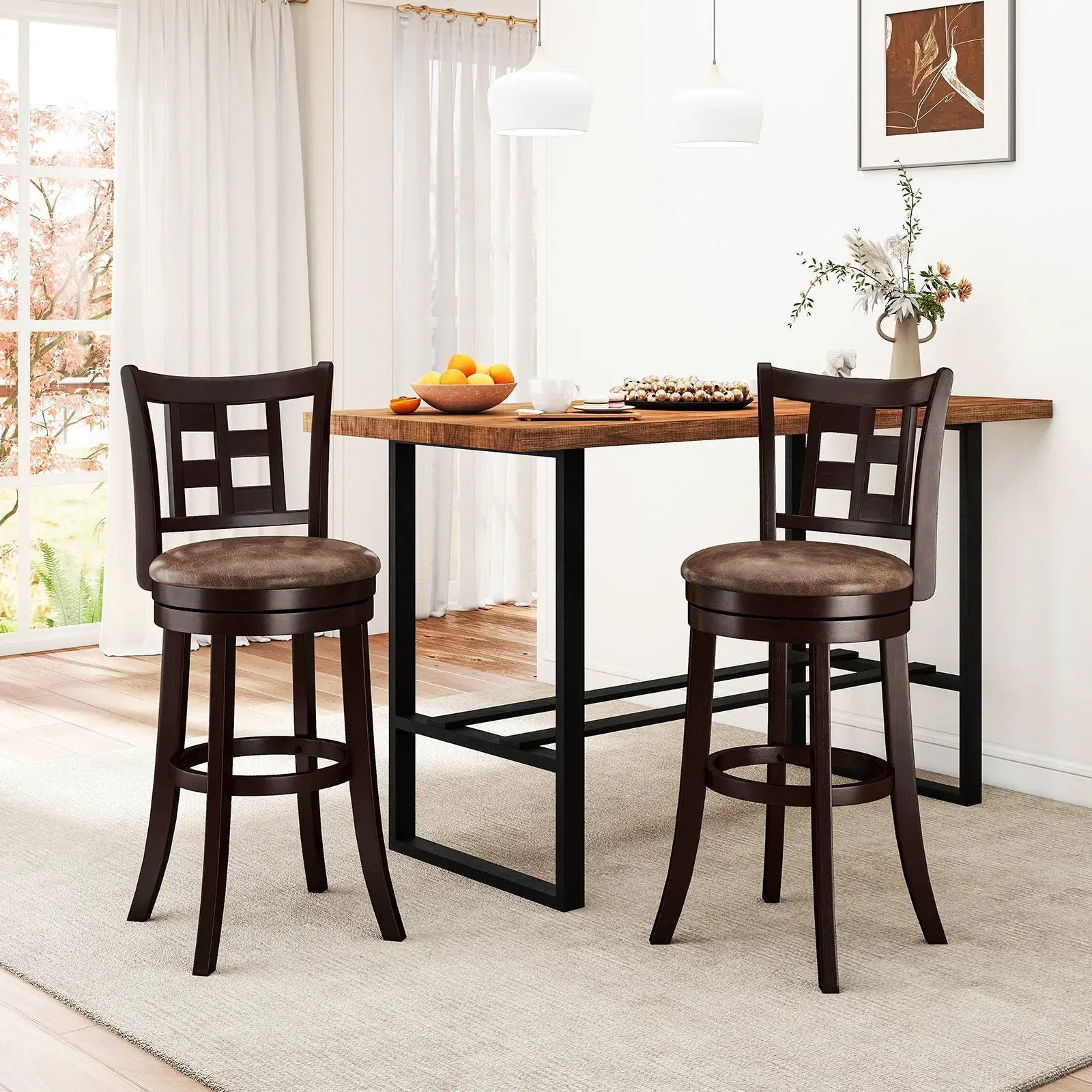 Set of 2 Bar Stools Swivel Bar Chairs with Footrest and Lattice Backrest by DirectDeals