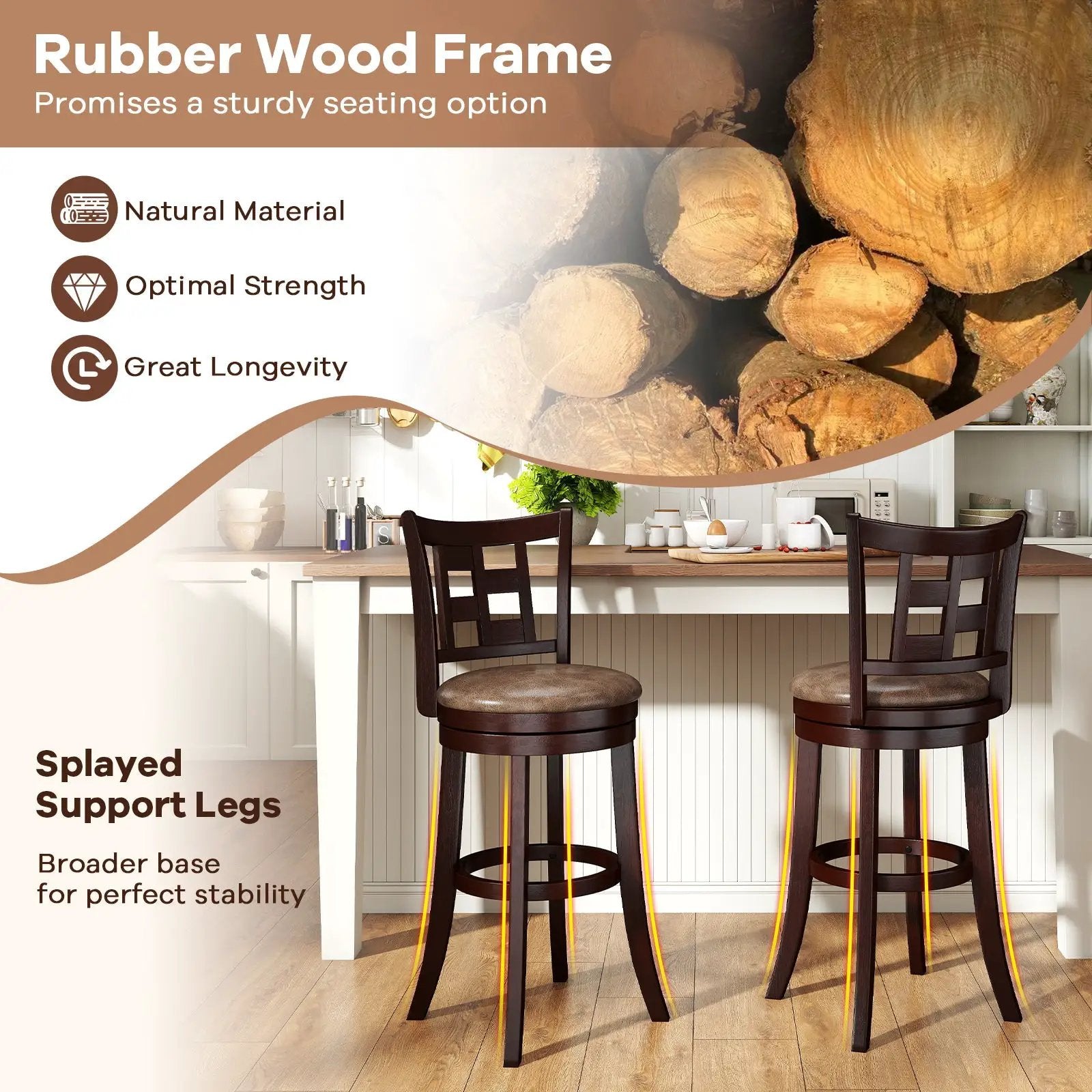 Set of 2 Bar Stools Swivel Bar Chairs with Footrest and Lattice Backrest by DirectDeals