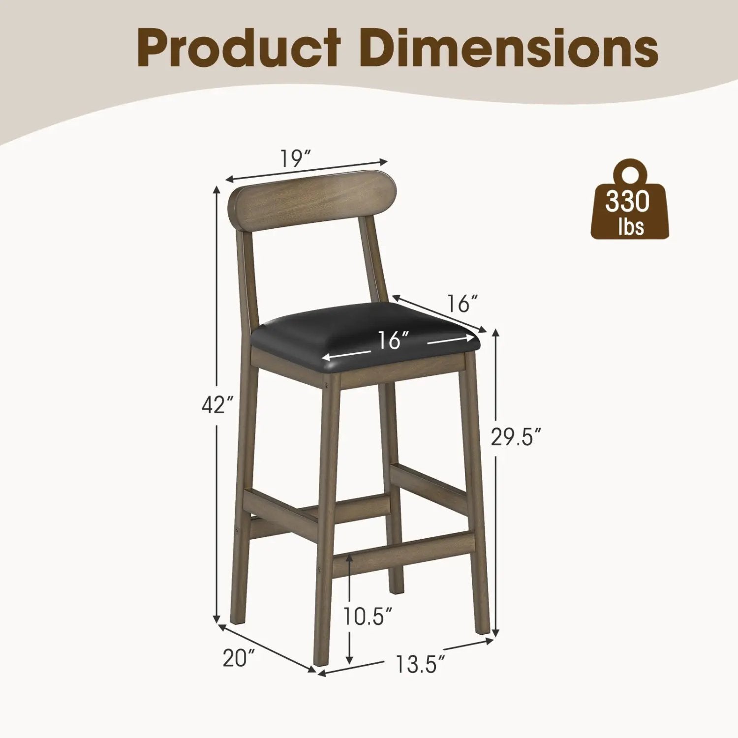 Set of 2 Bar Stools Upholstered with Rubber Wood Legs and Footrests-Oak by DirectDeals