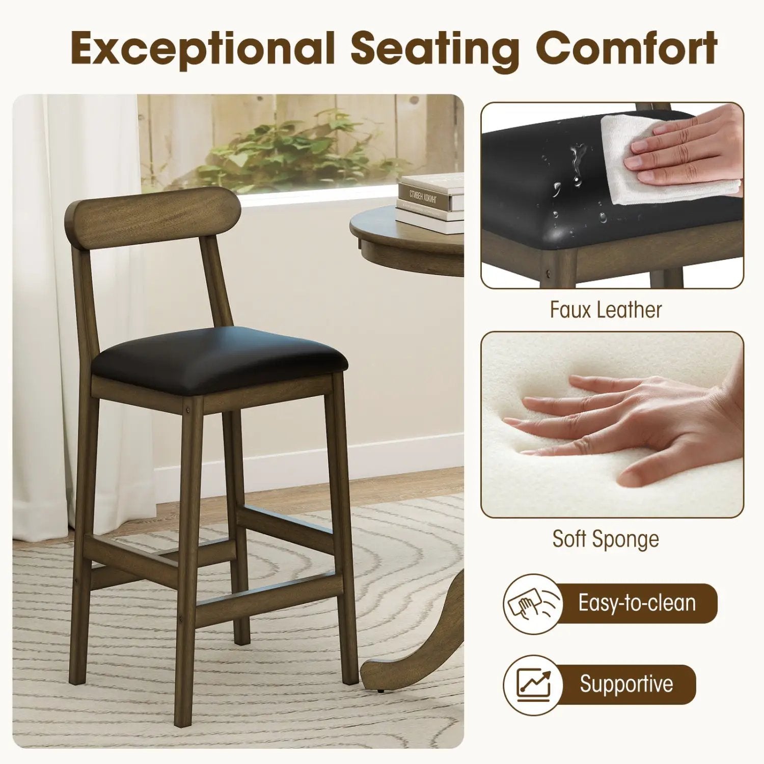 Set of 2 Bar Stools Upholstered with Rubber Wood Legs and Footrests-Oak by DirectDeals