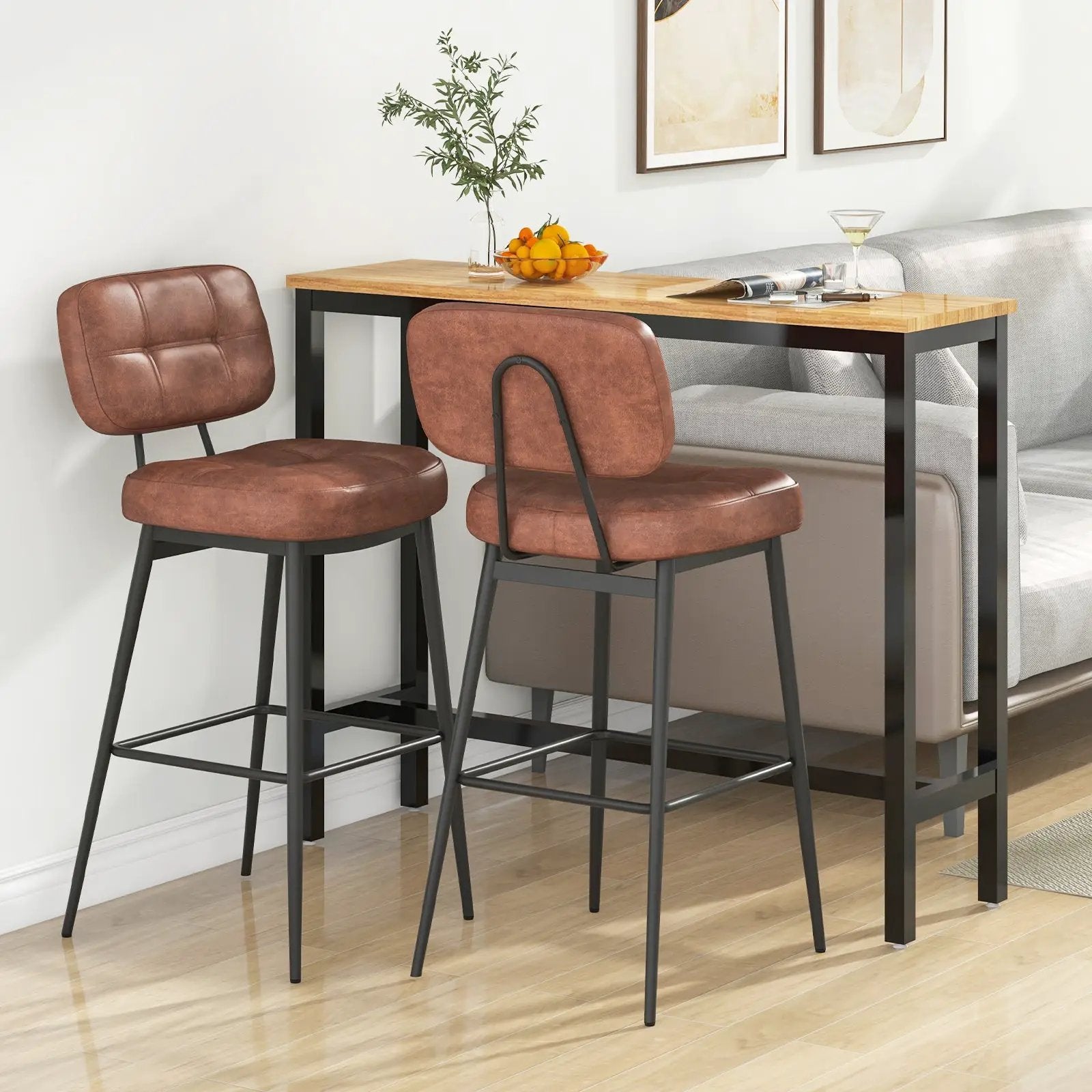 Set of 2 Bar Stools with Padded Seat and Footrest for Kitchen Island-Brown and Black by DirectDeals
