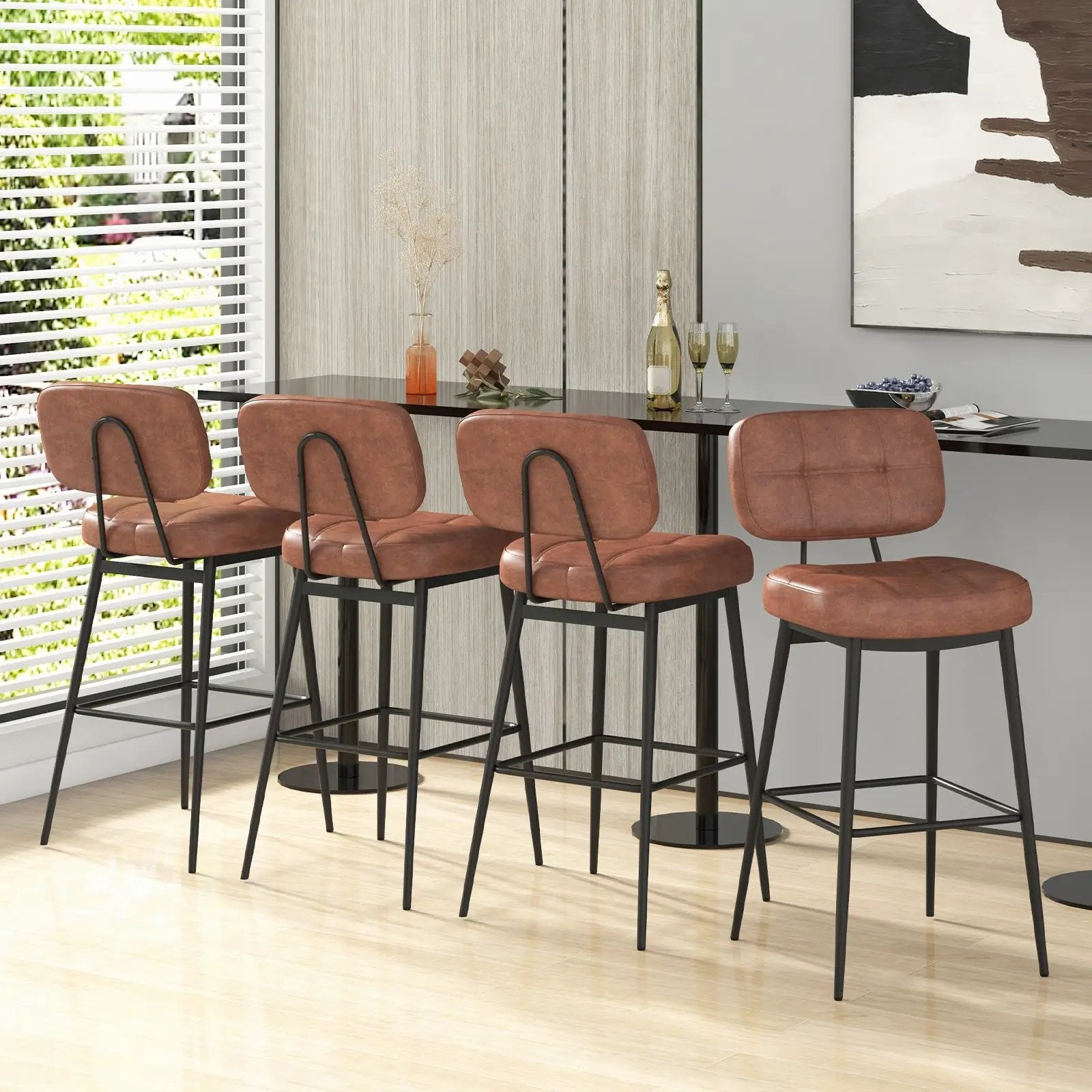 Set of 2 Bar Stools with Padded Seat and Footrest for Kitchen Island-Brown and Black by DirectDeals